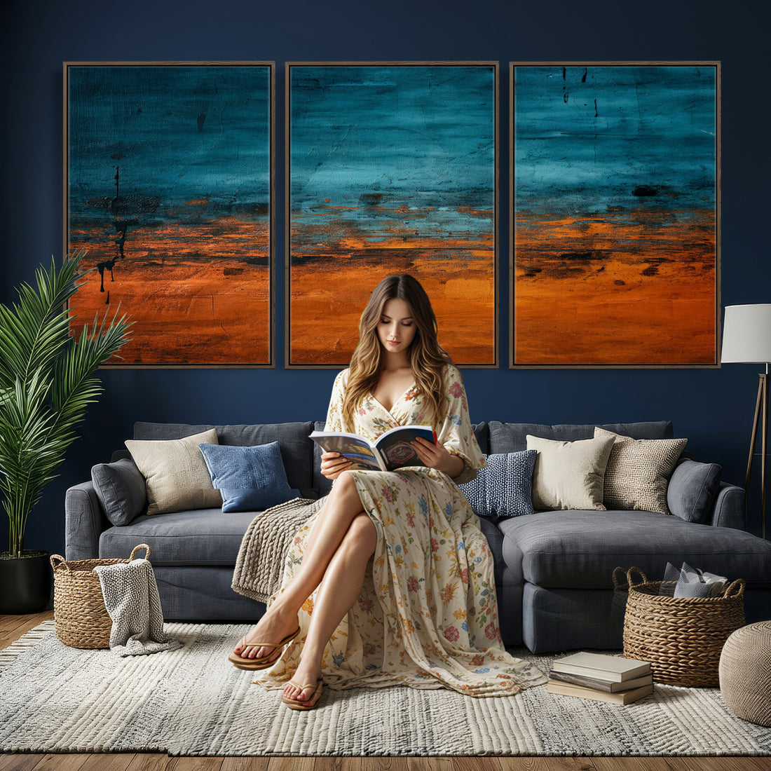 Teal Orange Abstract Wall Art Canvas Print, Modern Large Statement Artwork