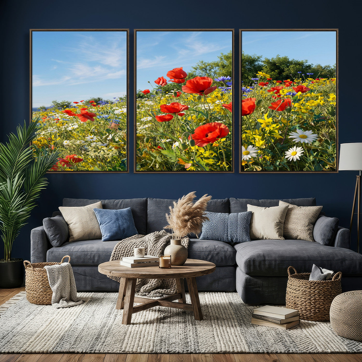 38570784-MGV-CV-36X24 - Wildflower Meadow Wall Art Canvas Print – Colorful Poppy and Daisy Field Landscape Artwork for Living Room Decor