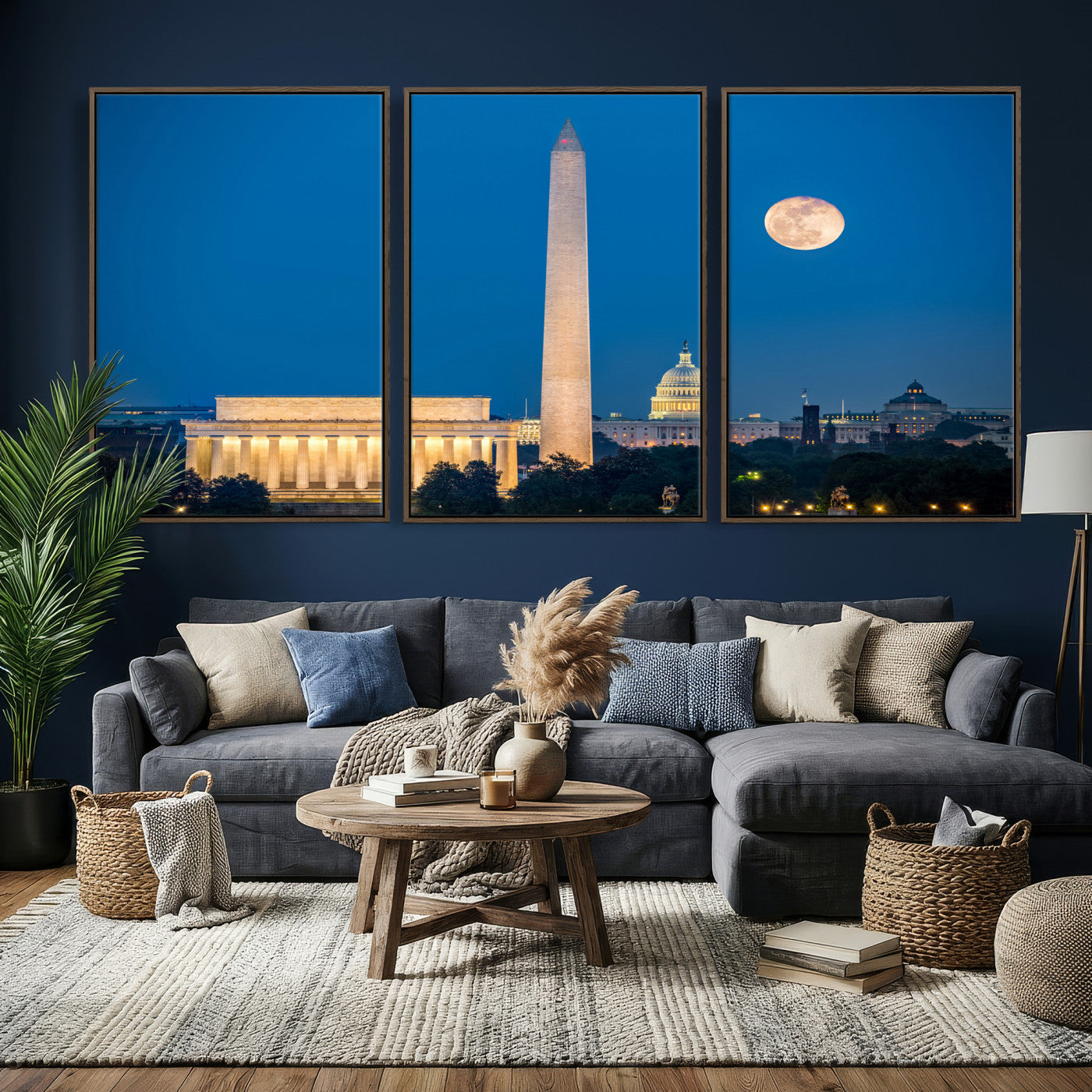 96712946-MGV-CV-36X24 - Washington DC Skyline Wall Art Canvas Print – Lincoln Memorial, Washington Monument and US Capitol Night Cityscape Artwork