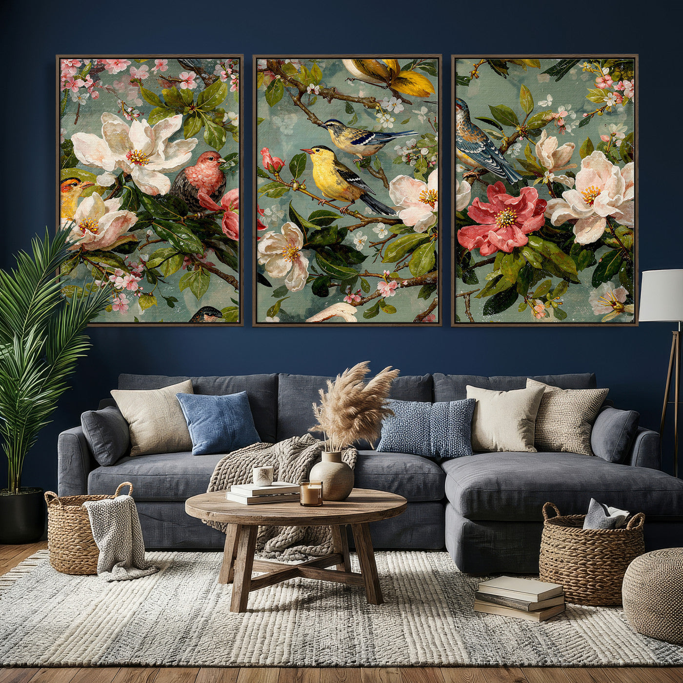77883606-MGV-CV-36X24 - Vintage Birds and Flowers Wide Wall Art: Extra Large Panoramic Botanical Print