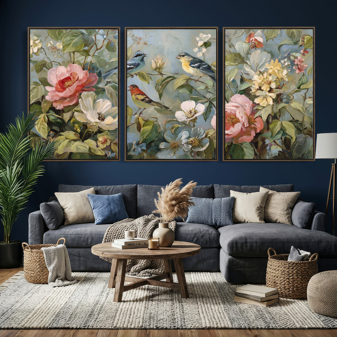 Vintage Birds and Flowers Wall Art Canvas Print, Botanical Bird Art