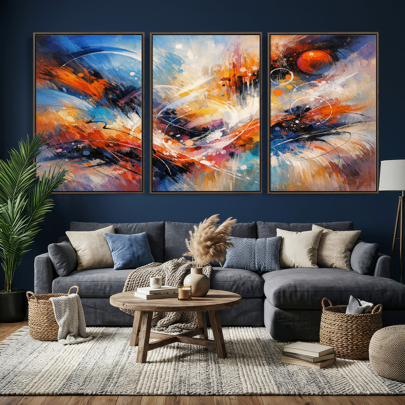 47770355-MGV-CV-36X24 - Geometric Abstract Wall Art Canvas Print, Orange Blue Abstract Expressionist Painting Print, Modern Geometric Abstract Canvas Art