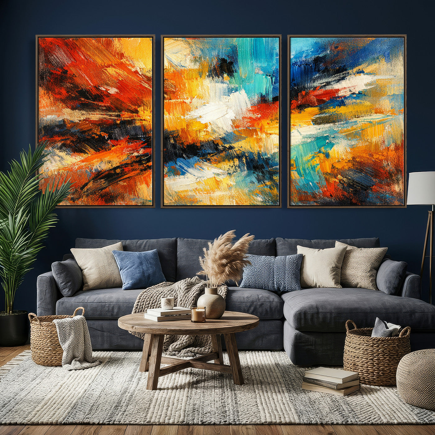 93167583-MGV-CV-36X24 - Geometric Abstract Wall Art Canvas Print, Orange Blue Abstract Expressionist Painting Print, Modern Geometric Abstract Canvas Art