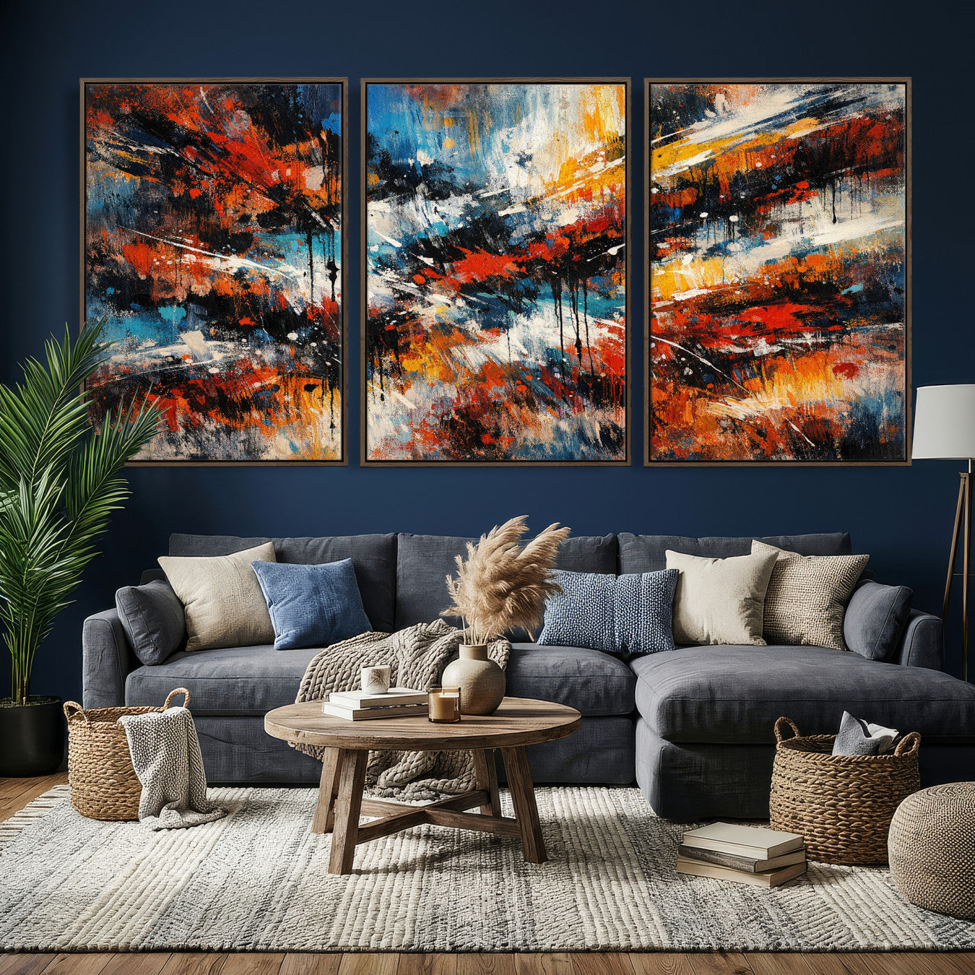 80276069-MGV-CV-36X24 - Geometric Abstract Wall Art Canvas Print, Orange Blue Abstract Expressionist Painting Print, Modern Geometric Abstract Canvas Art