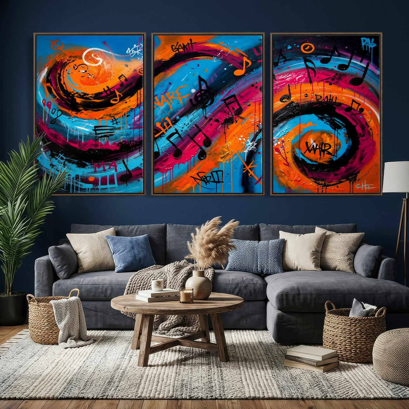 34936518-MGV-CV-36X24 - Geometric Abstract Wall Art Canvas Print, Orange Blue Abstract Expressionist Painting Print, Modern Geometric Abstract Canvas Art