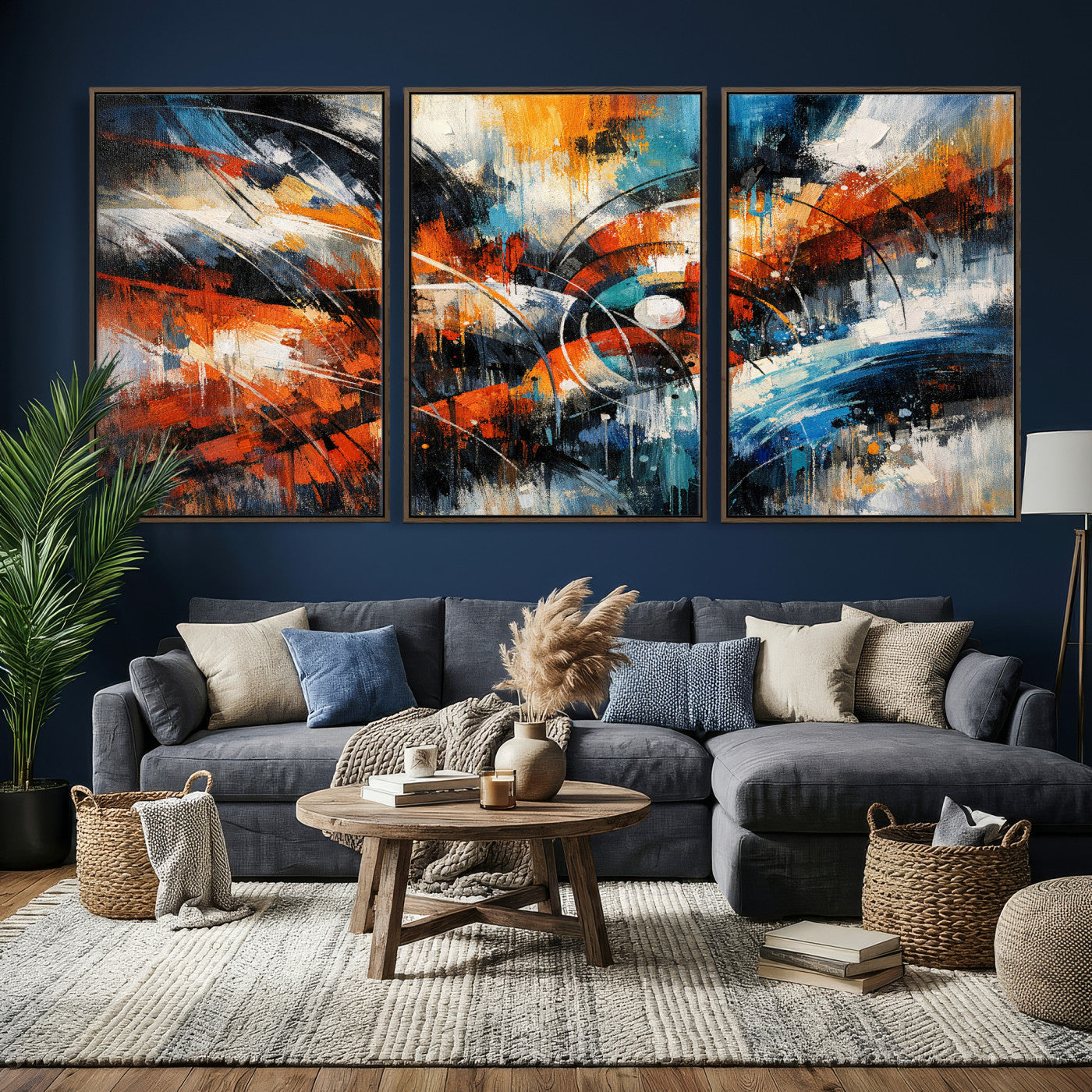 47120691-MGV-CV-36X24 - Geometric Abstract Wall Art Canvas Print, Orange Blue Abstract Expressionist Painting Print, Modern Geometric Abstract Canvas Art