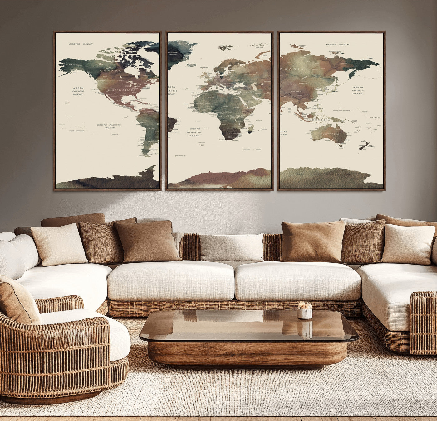 -Neutral Watercolor World Map Canvas Wall Art – Framed Earth Tone Map Print, Minimalist Travel Artwork for Modern Home and Office Decor
