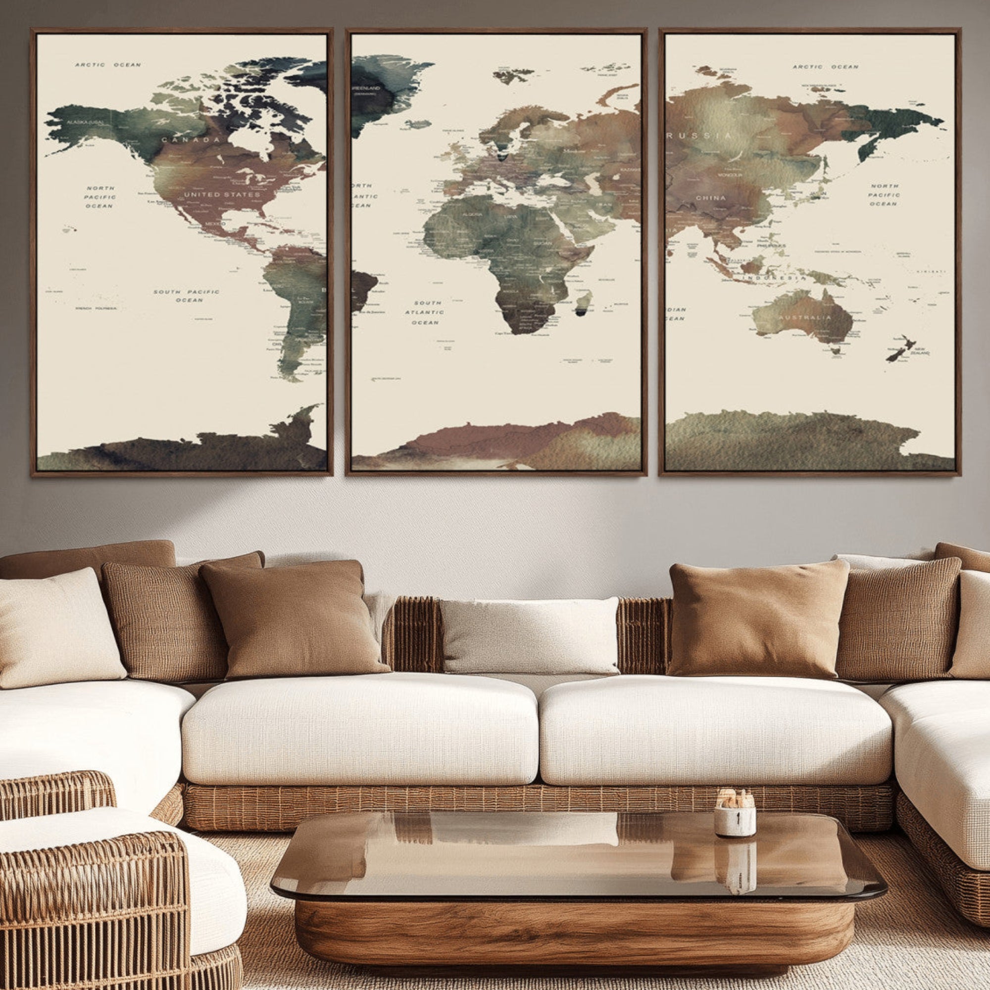 23199-MGV-CV-36X24-Neutral Watercolor World Map Canvas Wall Art – Framed Earth Tone Map Print, Minimalist Travel Artwork for Modern Home and Office Decor