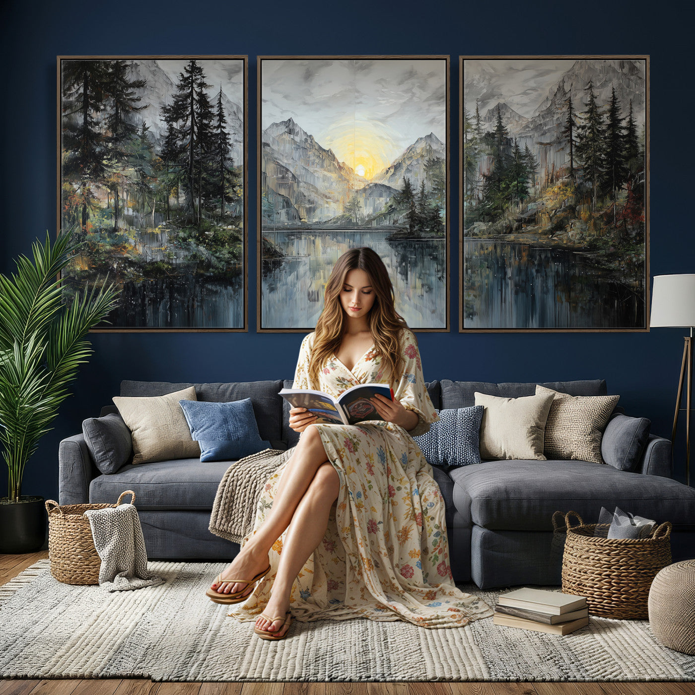 72377107-MGV-CV-60X30-3P - Drip Style Forest Lake Gold Art — Abstract Expressionist Mountain Print | Grey Pine Tree Canvas | Moody Nature Wall Decor | Large Panoramic Art