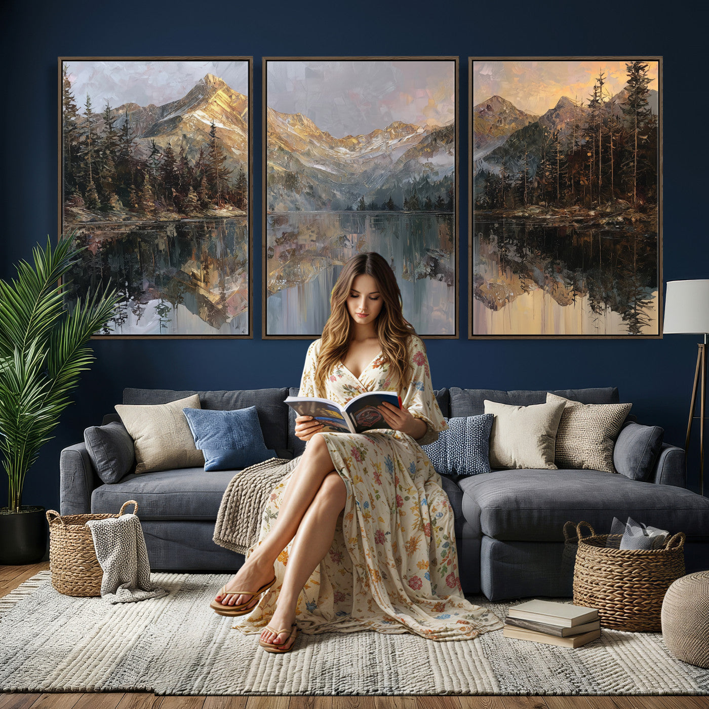 37675699-MGV-CV-60X30-3P - Drip Style Forest Lake Gold Art — Abstract Expressionist Mountain Print | Grey Pine Tree Canvas | Moody Nature Wall Decor | Large Panoramic Art