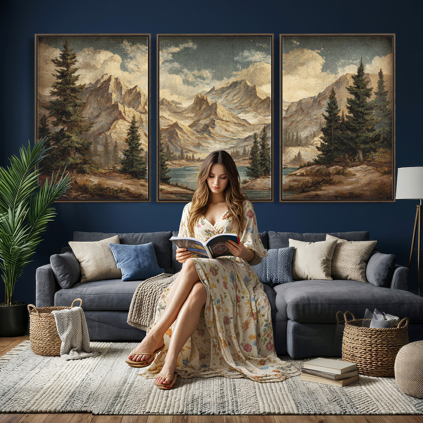 62093020-MGV-CV-60X30-3P - Drip Style Forest Lake Gold Art — Abstract Expressionist Mountain Print | Grey Pine Tree Canvas | Moody Nature Wall Decor | Large Panoramic Art