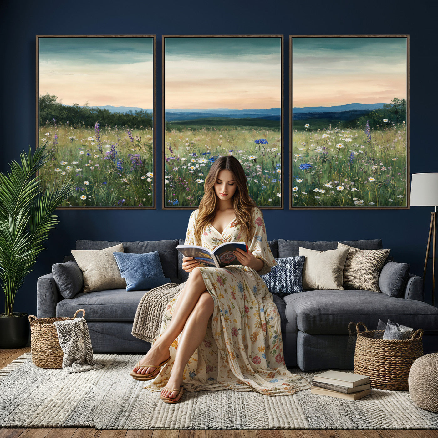 35773805-MGV-CV-36X24 - Wildflower Meadow Oil Painting Canvas Print - Daisy Lavender Mountain Sunset Print | Cottagecore Floral Wall Art - Bedroom Decor Gift for Her