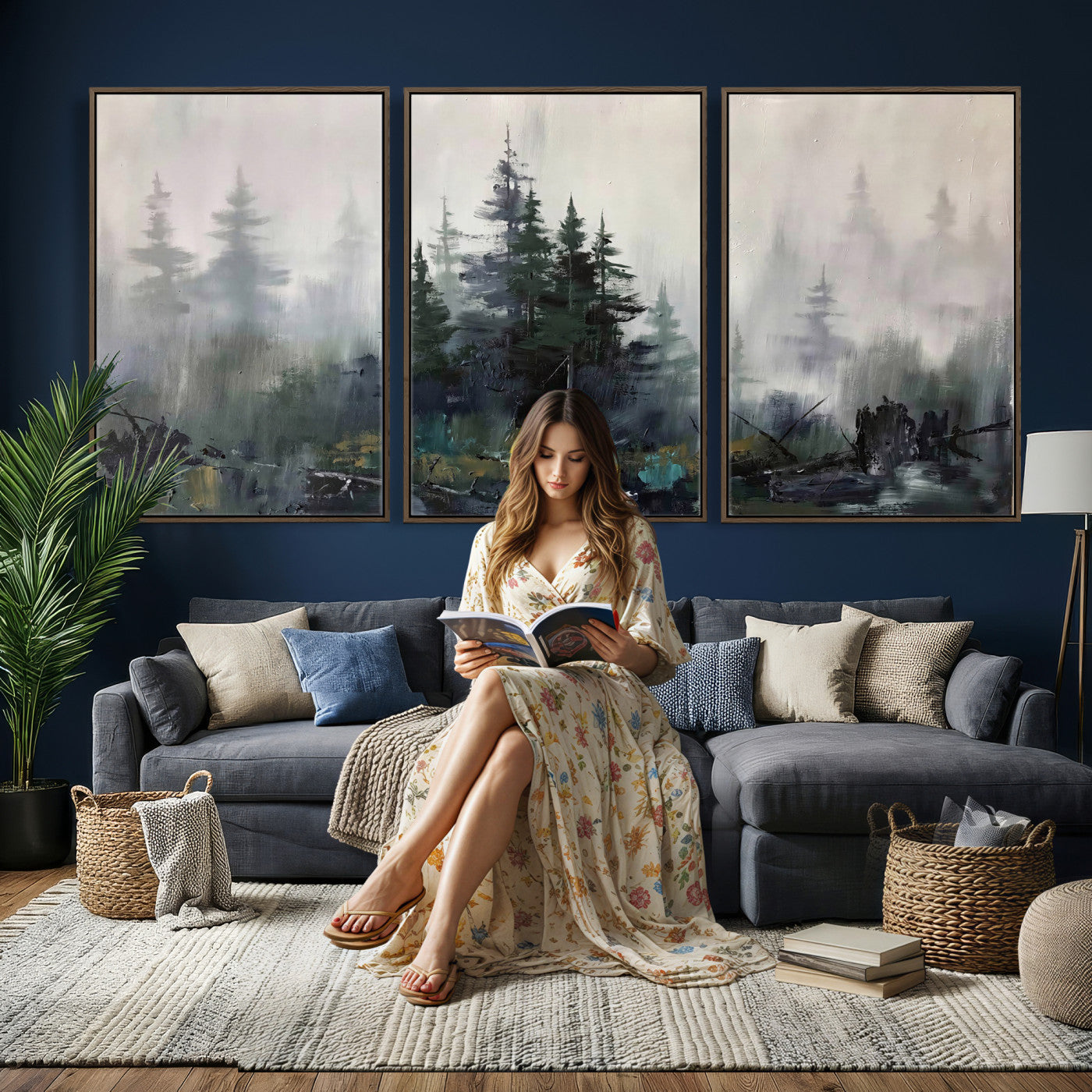 94143325-MGV-CV-36X24 - Misty Pine Forest Oil Painting Canvas — Dark Moody Teal Grey Tree Print | Japandi Scandinavian Wall Art | Minimalist Nature Decor Gift