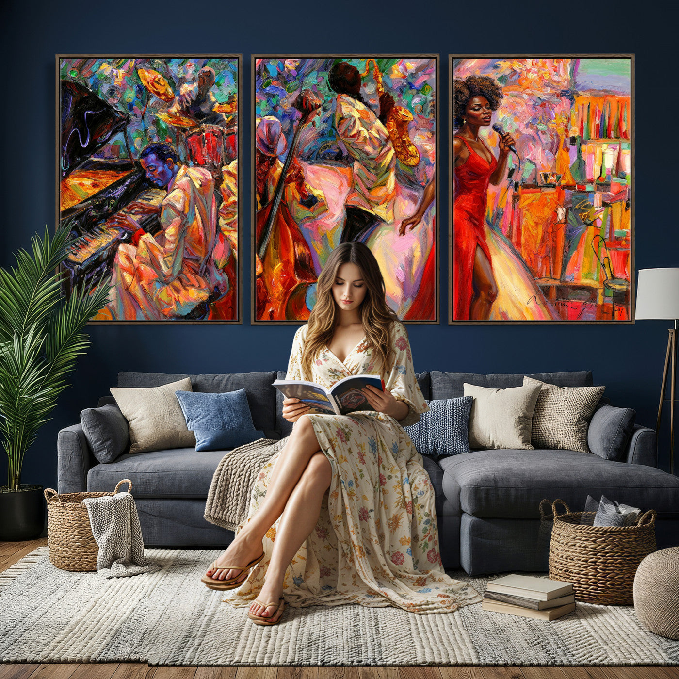72615137-MGV-CV-36X24 - African American Jazz Singer Canvas Art - Red Dress Black Woman Music Print | Colorful Jazz Band Wall Decor | Living Room Gift for Her