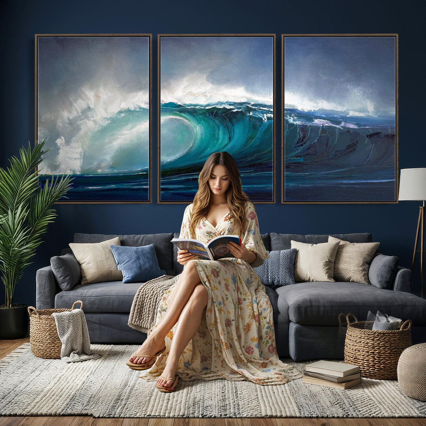 35491180-MGV-CV-60X30-3P - Ocean Wave Canvas Wall Art, Dramatic Teal Blue Seascape Oil Painting Print, Stormy Sea Coastal Decor, Large Beach House Art, Surf Wave Statement Art