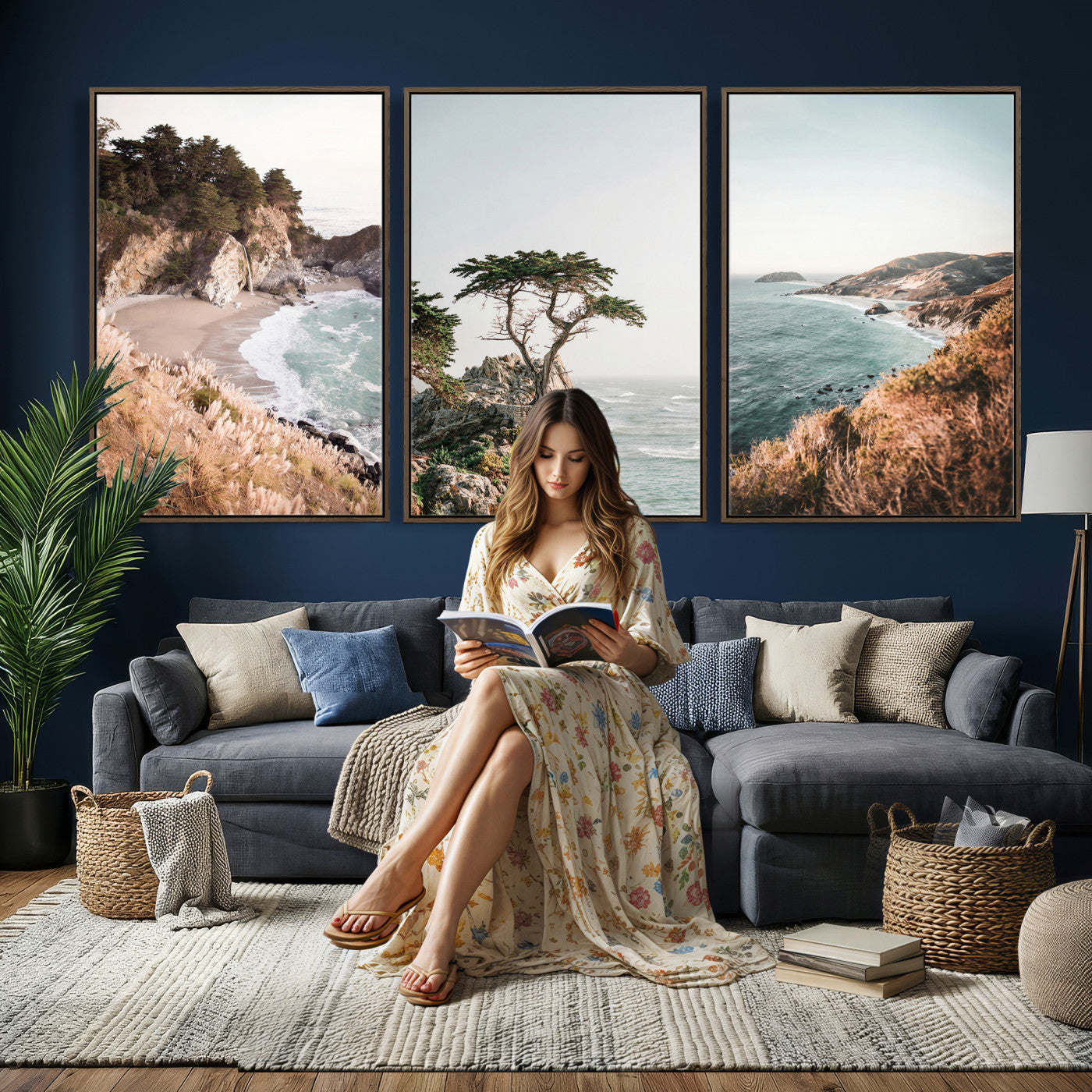 68839391G-MGV-CV-60X30-3P - California Coast Canvas Wall Art Set, Big Sur McWay Falls Lone Cypress Triptych Print, Coastal Photography Decor, Beach House Wall Art