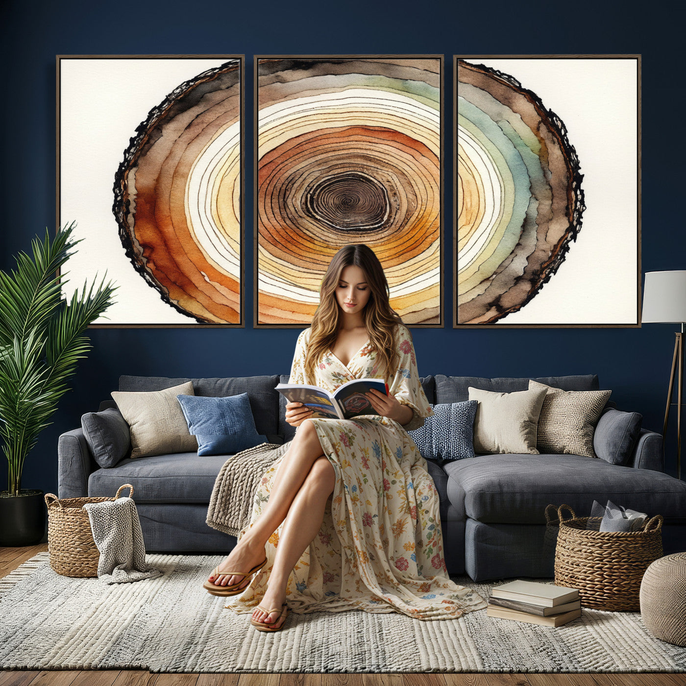 13719680-MGV-CV-36X24 - Natural Wood Slice Wall Art Canvas Print, Tree Ring Wall Art, Framed Abstract Nature Wall Decor, Earth Tone Statement Canvas Print