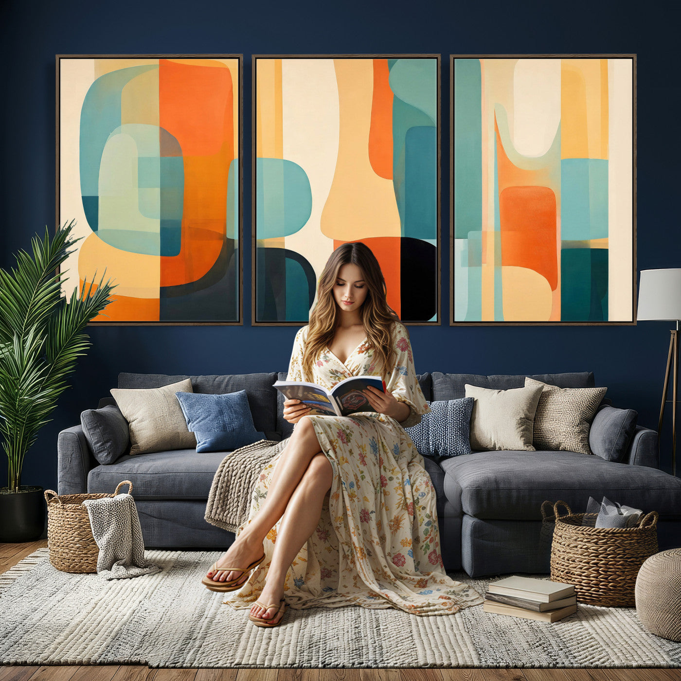 71488451-MGV-CV-60X30-3P - Abstract Geometric Wall Art Canvas Print, Mid Century Modern Wall Art, Abstract Wall Art Canvas Print for Living Room Bedroom Office