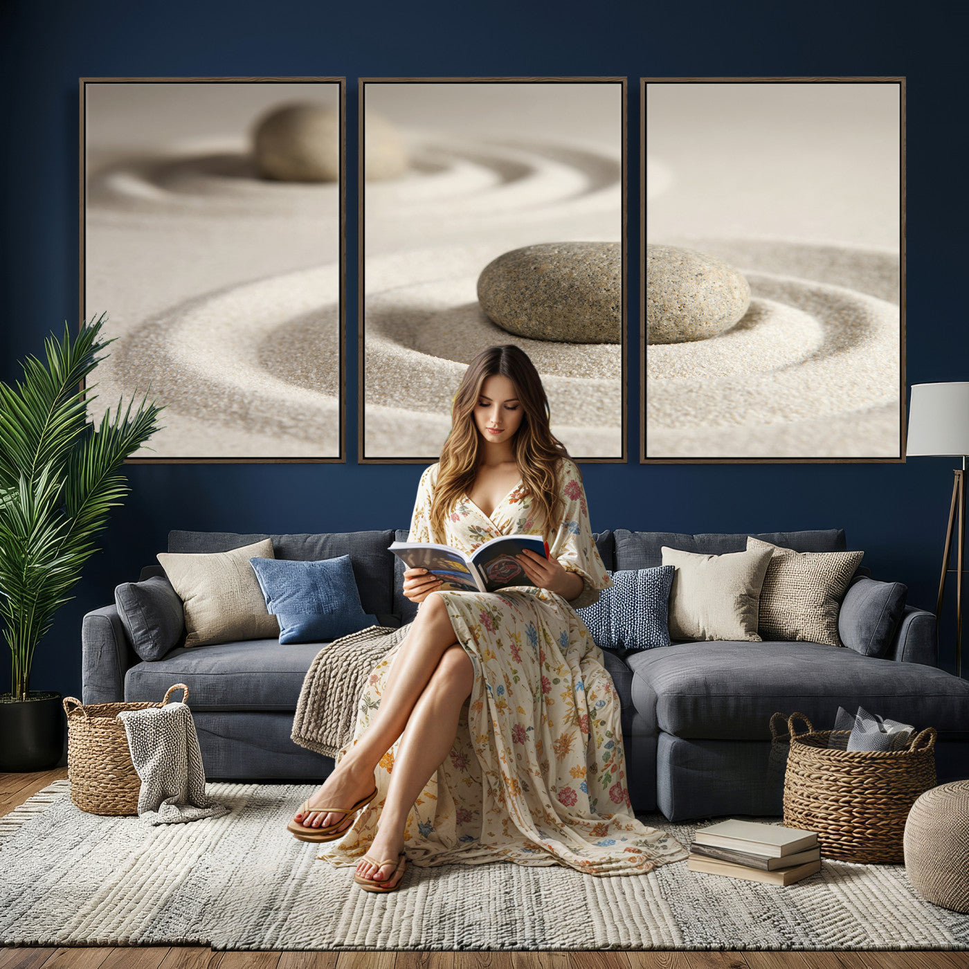 13397966-MGV-CV-36X24 - Zen Garden Stone Sand Canvas | Japanese Rock Garden Wall Art | Minimalist Meditation Print | Neutral Beige Mindfulness Decor