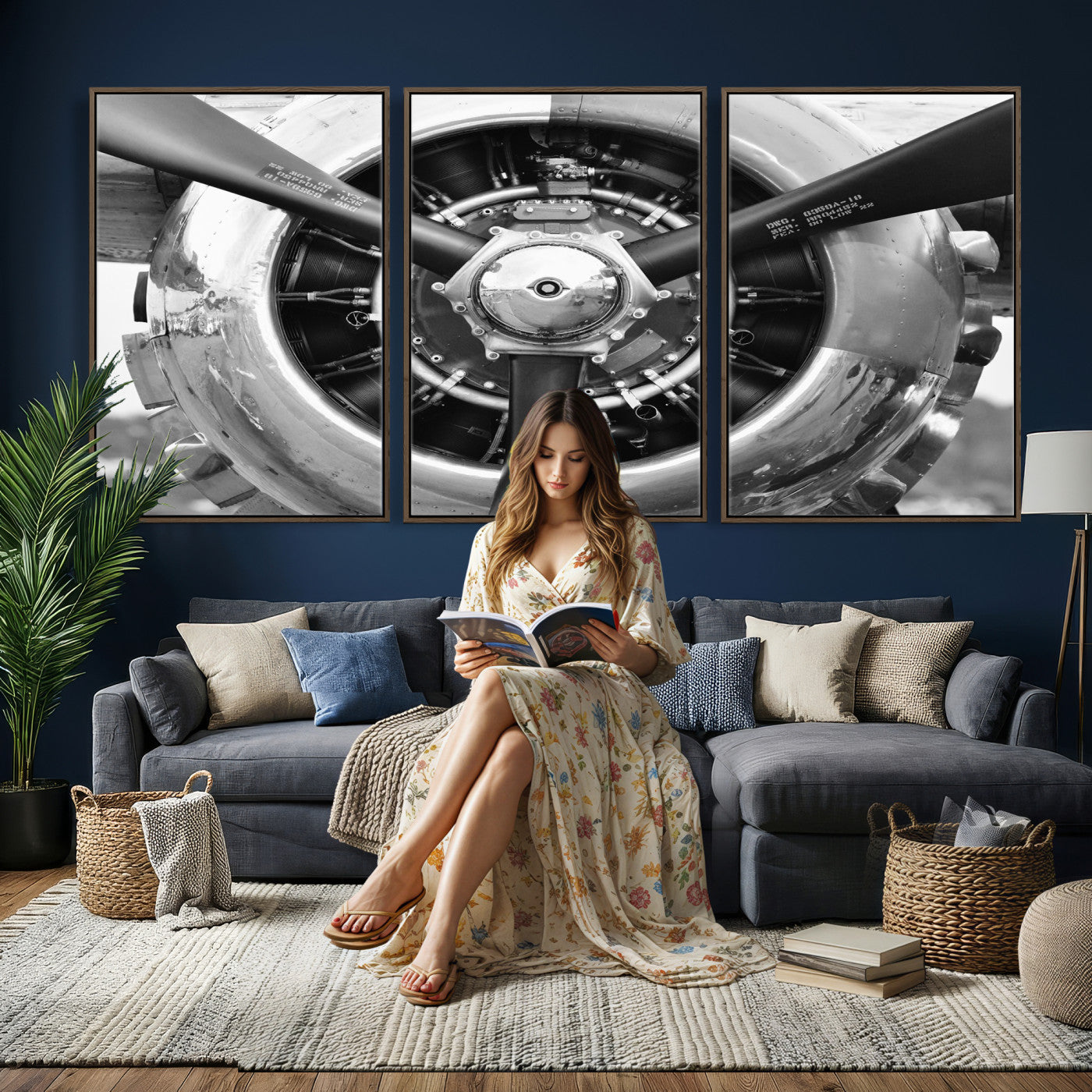 73322230-MGV-CV-36X24 - Vintage Propeller Plane Wall Art Canvas Print, Black and White Airplane Engine Close Up Framed Aviation Artwork for Pilot Office Hangar Decor