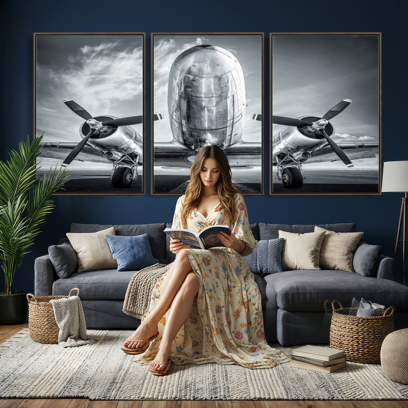 59729636-MGV-CV-36X24 - Vintage Propeller Plane Wall Art Canvas Print, Black and White Airplane Engine Close Up Framed Aviation Artwork for Pilot Office Hangar Decor