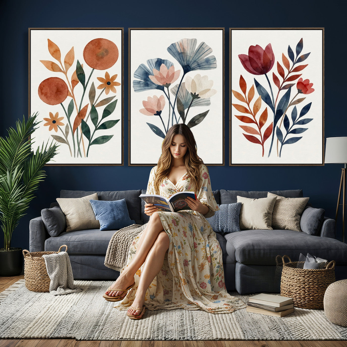 95190931-MGV-CV-60X30-3P - Watercolor Botanical Canvas Wall Art Set, Navy Terracotta Floral Triptych Print, Minimalist Flower Decor, Boho Living Room Art, Scandinavian Nature Print