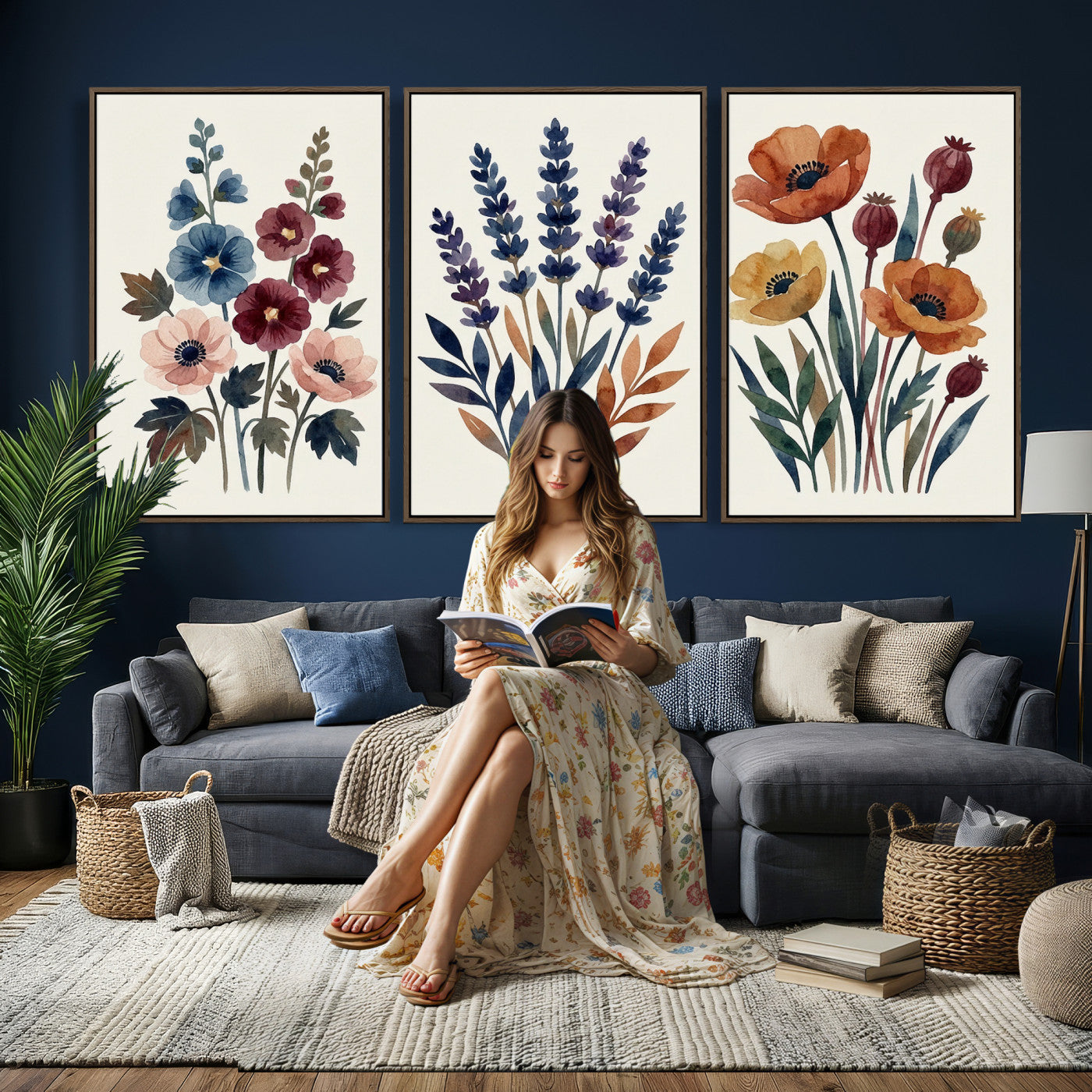66468390-MGV-CV-60X30-3P - Watercolor Botanical Canvas Wall Art Set, Navy Terracotta Floral Triptych Print, Minimalist Flower Decor, Boho Living Room Art, Scandinavian Nature Print
