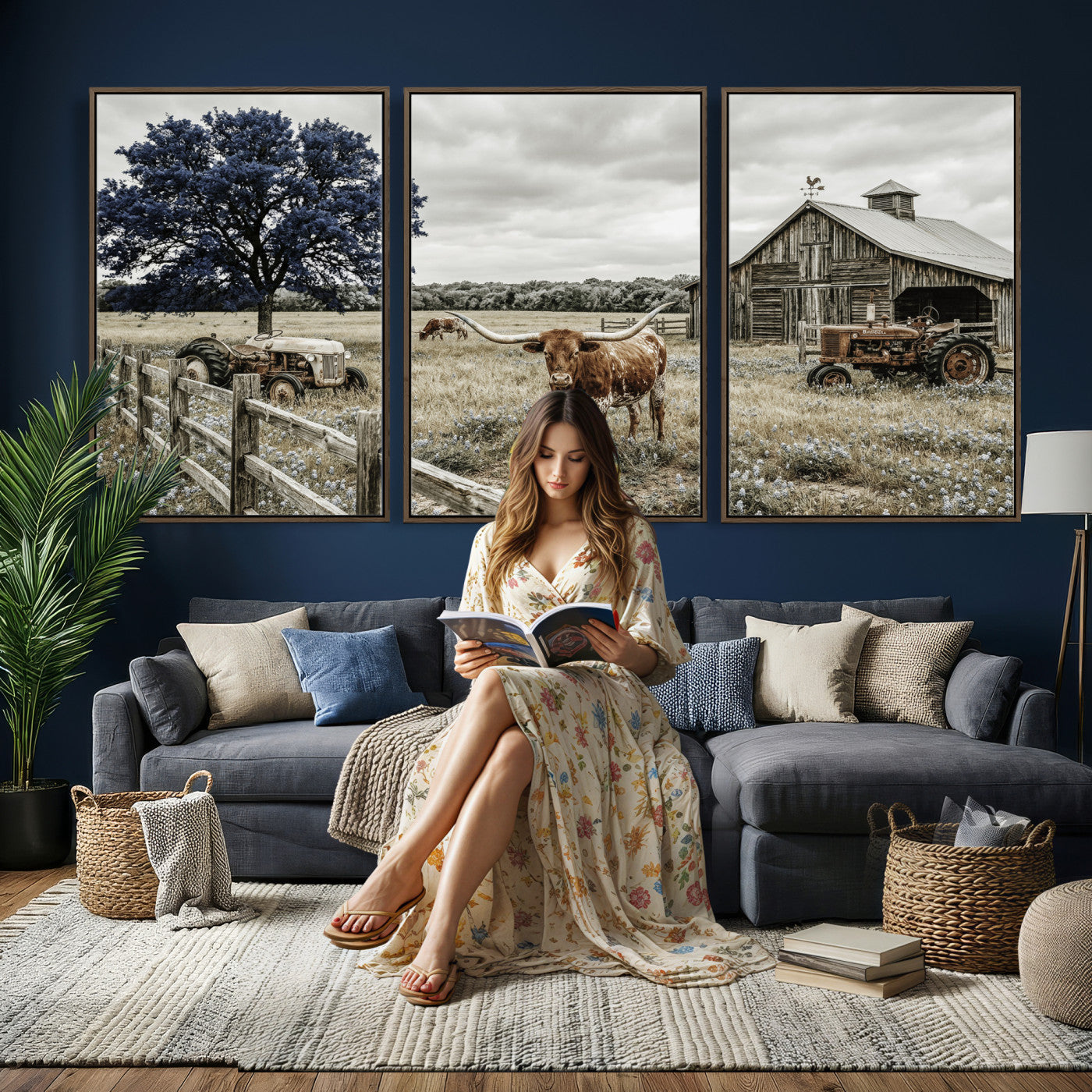 34049737-MGV-CV-60X30-3P - Texas Longhorn Canvas Wall Art, Rustic Farm Barn Bluebonnet Photography Print, Farmhouse Country Decor, Western Ranch Art, Old Truck Tractor Print