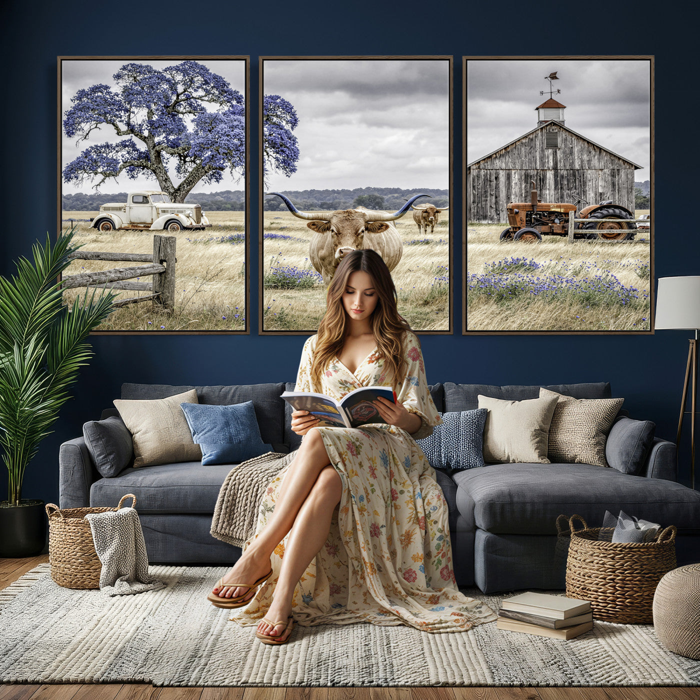 62336425-MGV-CV-60X30-3P - Texas Longhorn Canvas Wall Art, Rustic Farm Barn Bluebonnet Photography Print, Farmhouse Country Decor, Western Ranch Art, Old Truck Tractor Print