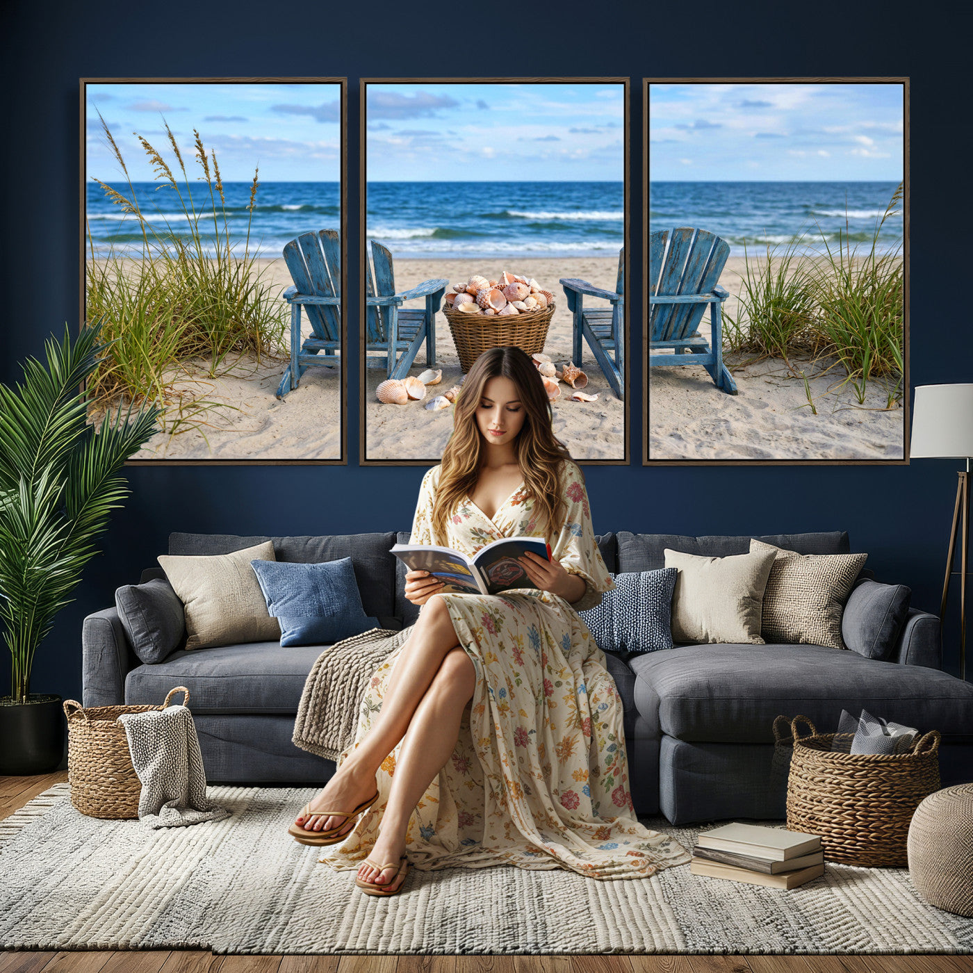 80268829-MGV-CV-36X24 - Large Beach Canvas Wall Art Coastal Adirondack Chairs Ocean Seashells Blue Nautical Framed Large for Living Room Bedroom Bathroom Decor