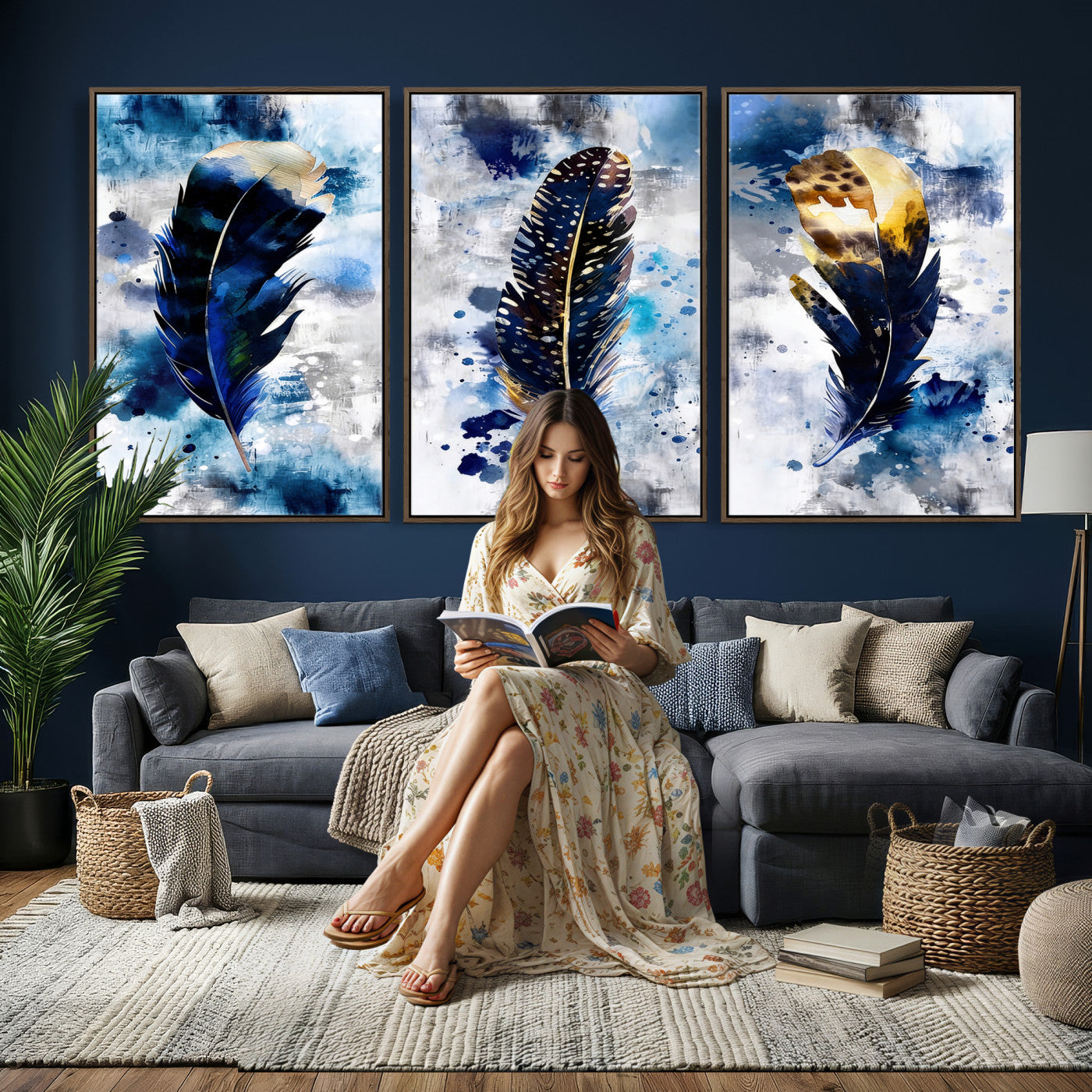 74325132F-MGV-CV-60X30-3P - Feather Canvas Wall Art Navy Blue Gold Watercolor Abstract Boho Eclectic Framed Large for Living Room Bedroom Office Entryway Decor