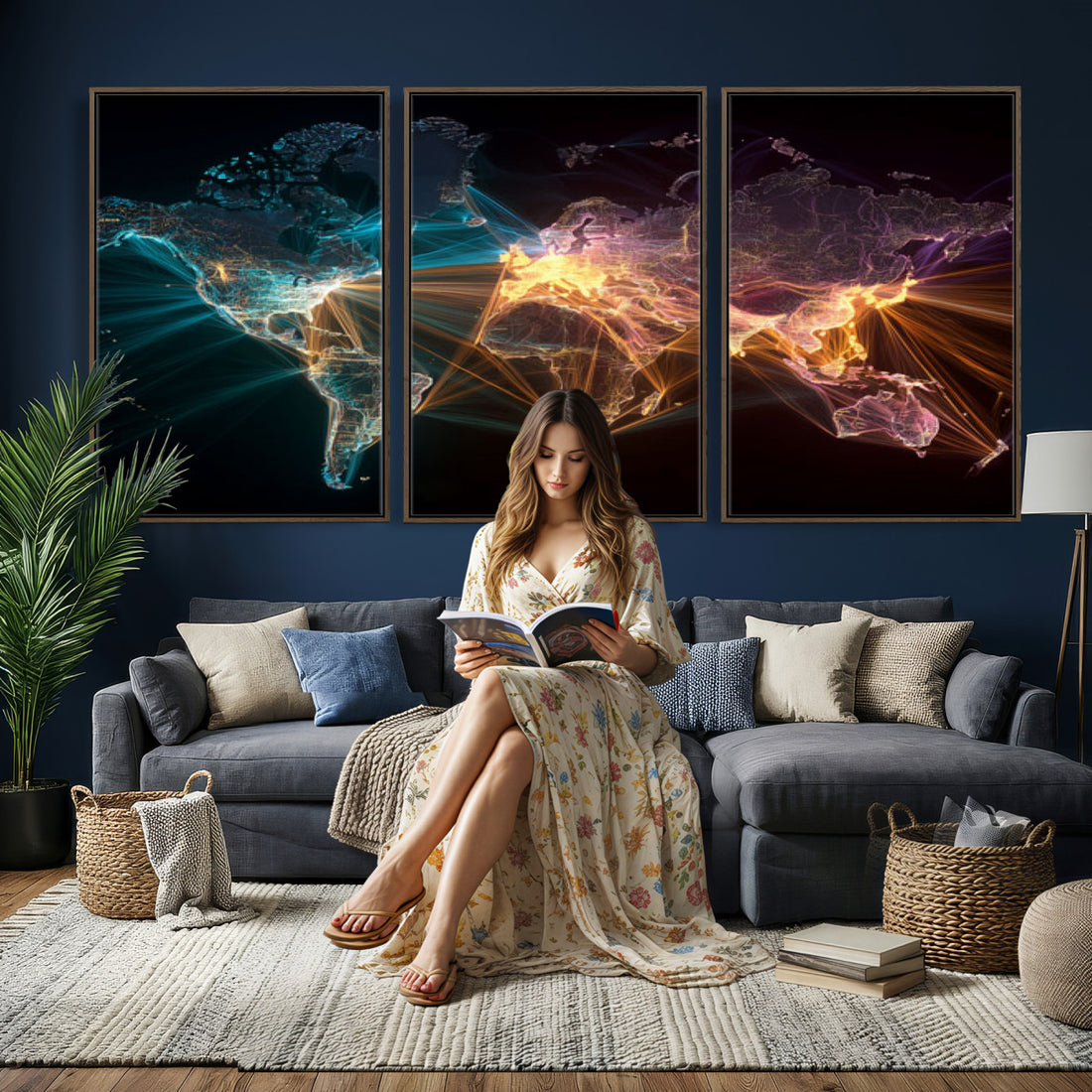 World Map and Global Flight Routes Map Canvas Wall Art, Worldwide Aviation Print