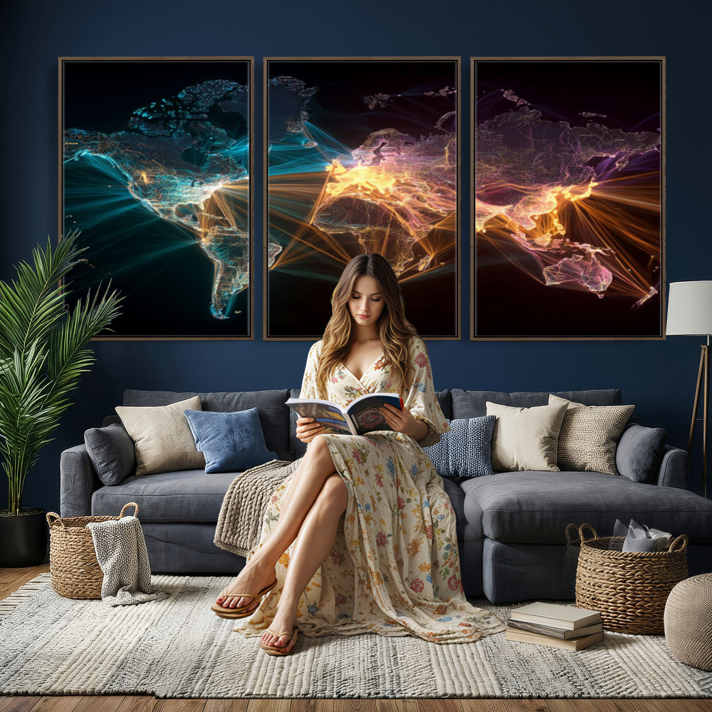14891737-MGV-CV-36X24 - World Map and Global Flight Routes Map Canvas Wall Art, Worldwide Aviation Network Print, International Air Travel Wall Decor