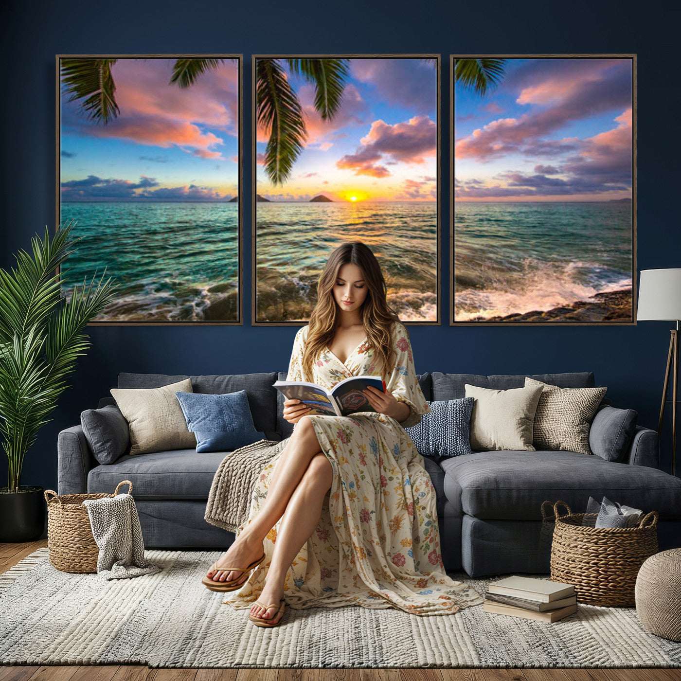 13207742-MGV-CV-36X24 - Hawaii Beach Sunset Canvas Wall Art Print, Tropical Ocean Landscape Artwork, Palm Tree Coastal Decor for Living Room Bedroom