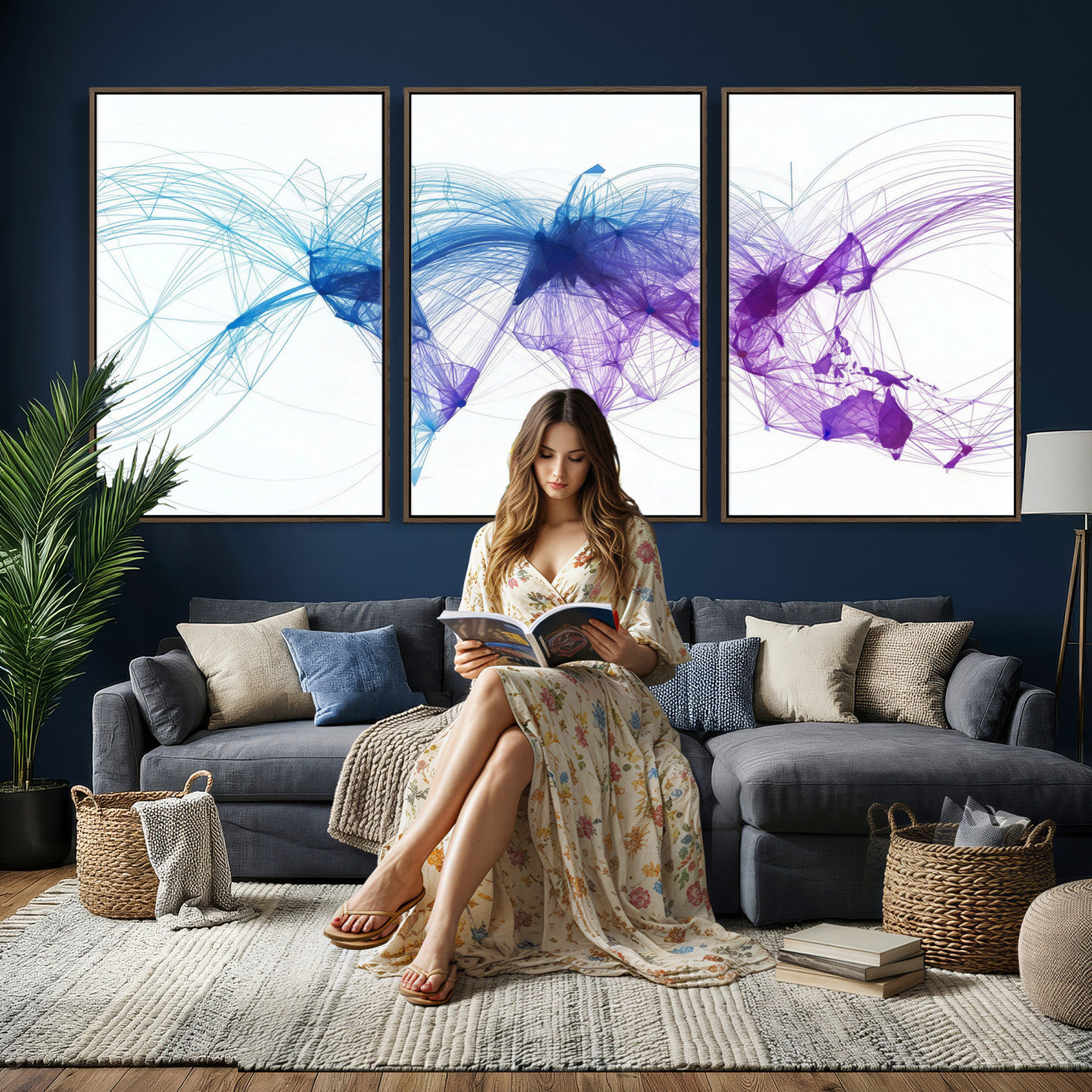 75155491-MGV-CV-48X32-3P - Global Flight Routes Map Canvas Wall Art, Worldwide Aviation Network Print, International Air Travel Wall Decor