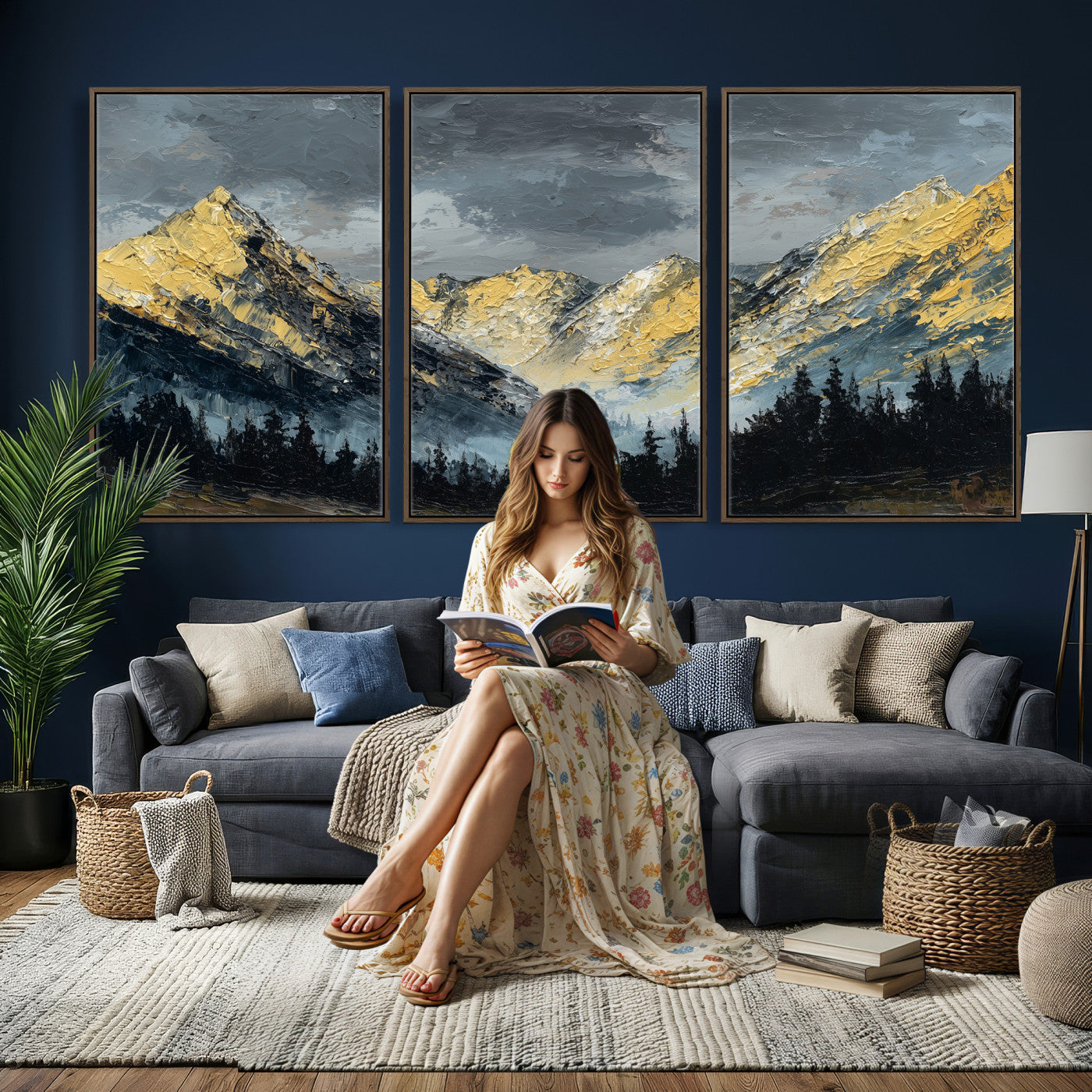 86912101-MGV-CV-48X32-3P - Abstract Mountain Wall Art Canvas Print Modern Landscape Painting Print