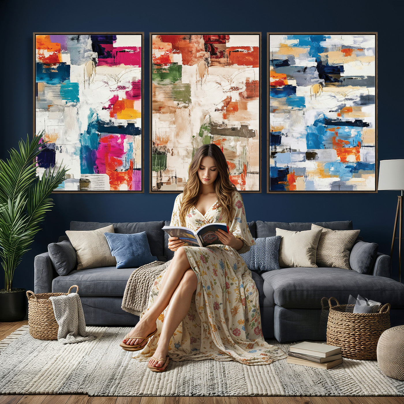 33267833-MGV-CV-60X30-3P - Blue Teal Abstract Canvas Wall Art, Modern Textured Painting Print, Navy Orange White Contemporary Art, Neutral Living Room Decor, Office Art