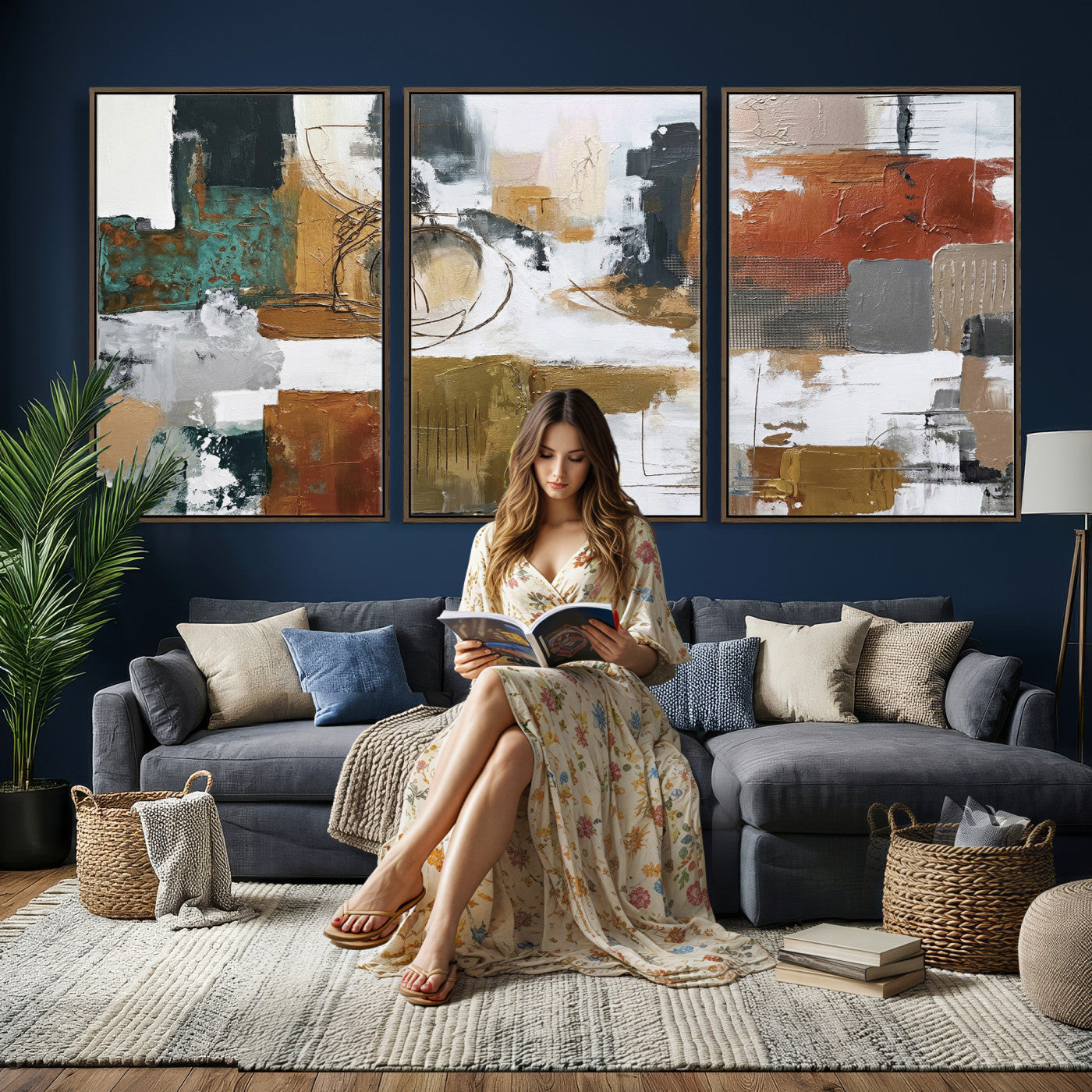 50720312-MGV-CV-36X24 - Blue Teal Abstract Canvas Wall Art, Modern Textured Painting Print, Navy Orange White Contemporary Art, Neutral Living Room Decor, Office Art