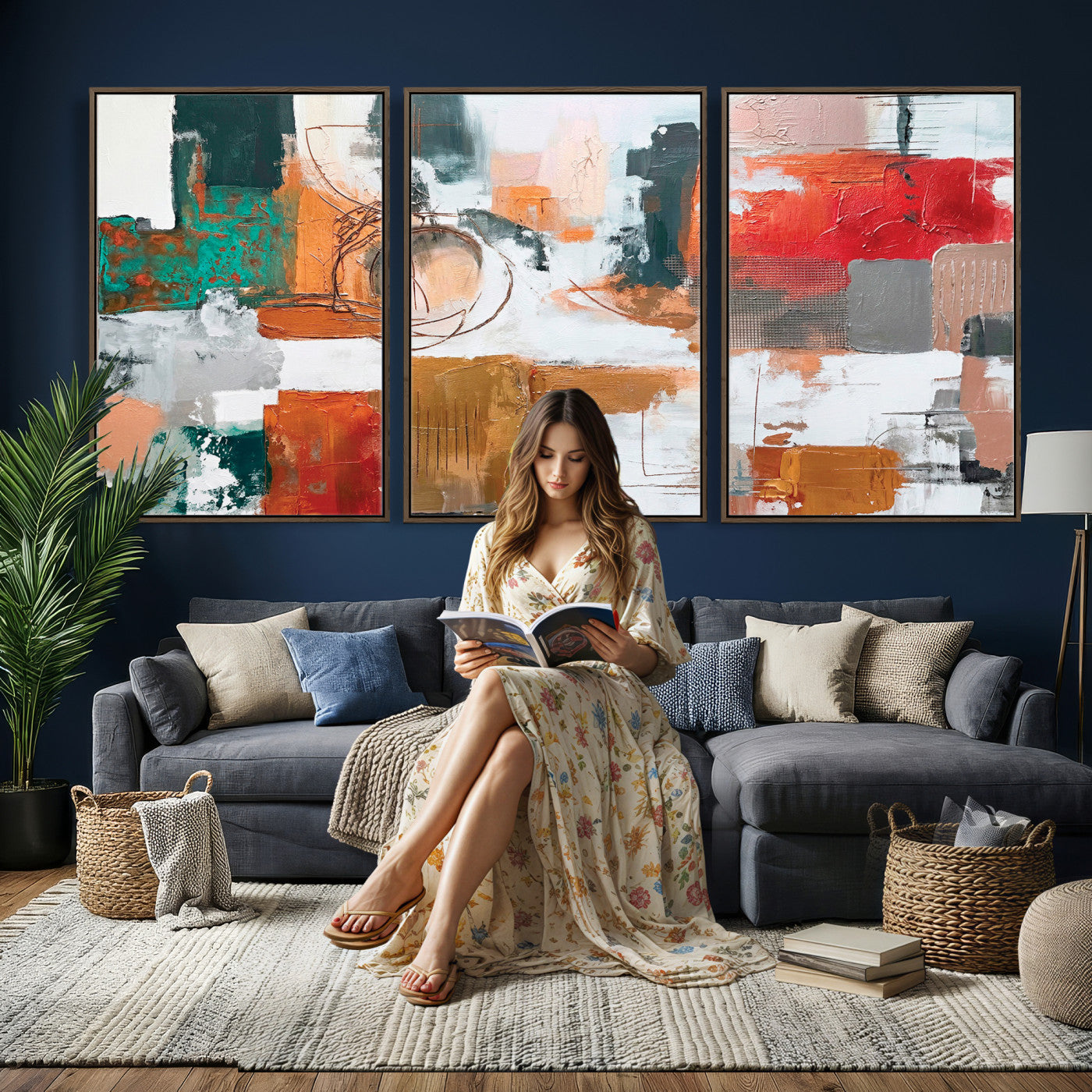 50720312-MGV-CV-36X24 - Blue Teal Abstract Canvas Wall Art | Modern Textured Painting Print, Navy Orange White Contemporary Art, Neutral Living Room Decor, Office Art.