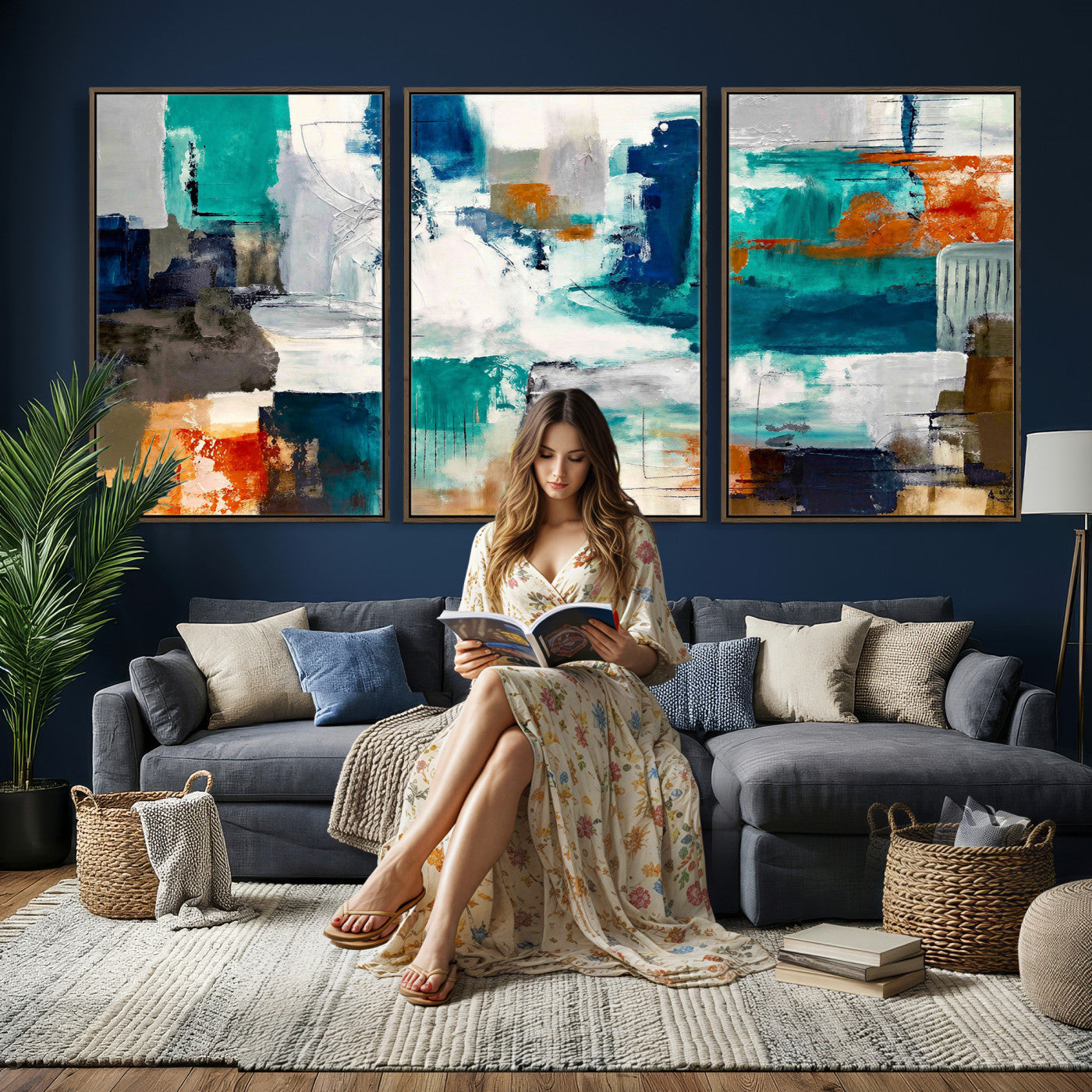 44038089-MGV-CV-36X24 - Blue Teal Abstract Canvas Wall Art, Modern Textured Painting Print, Navy Orange White Contemporary Art, Neutral Living Room Decor, Office Art