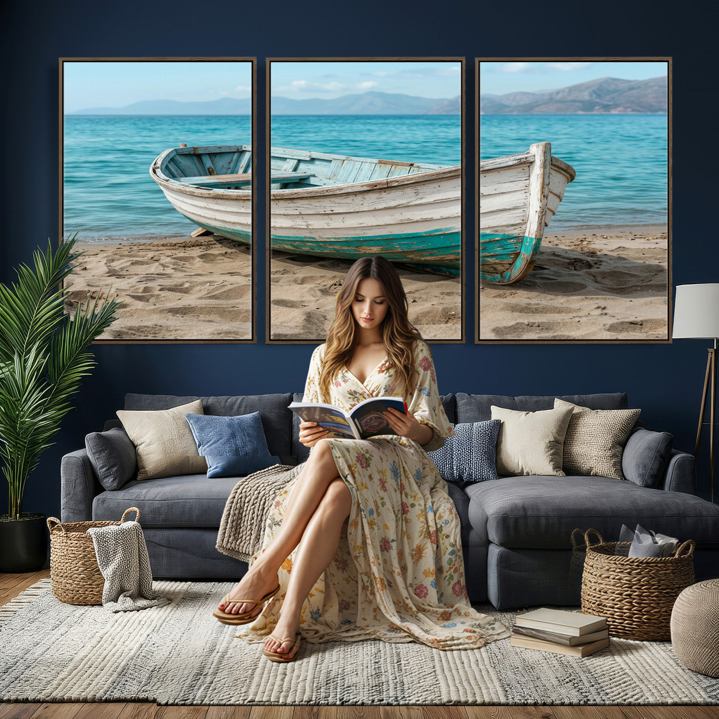 49963709-MGV-CV-36X24 - Coastal Boat Canvas Wall Art Print, Beach Boat Painting, Nautical Ocean Decor, Seascape Wall Art, Ready to Hang
