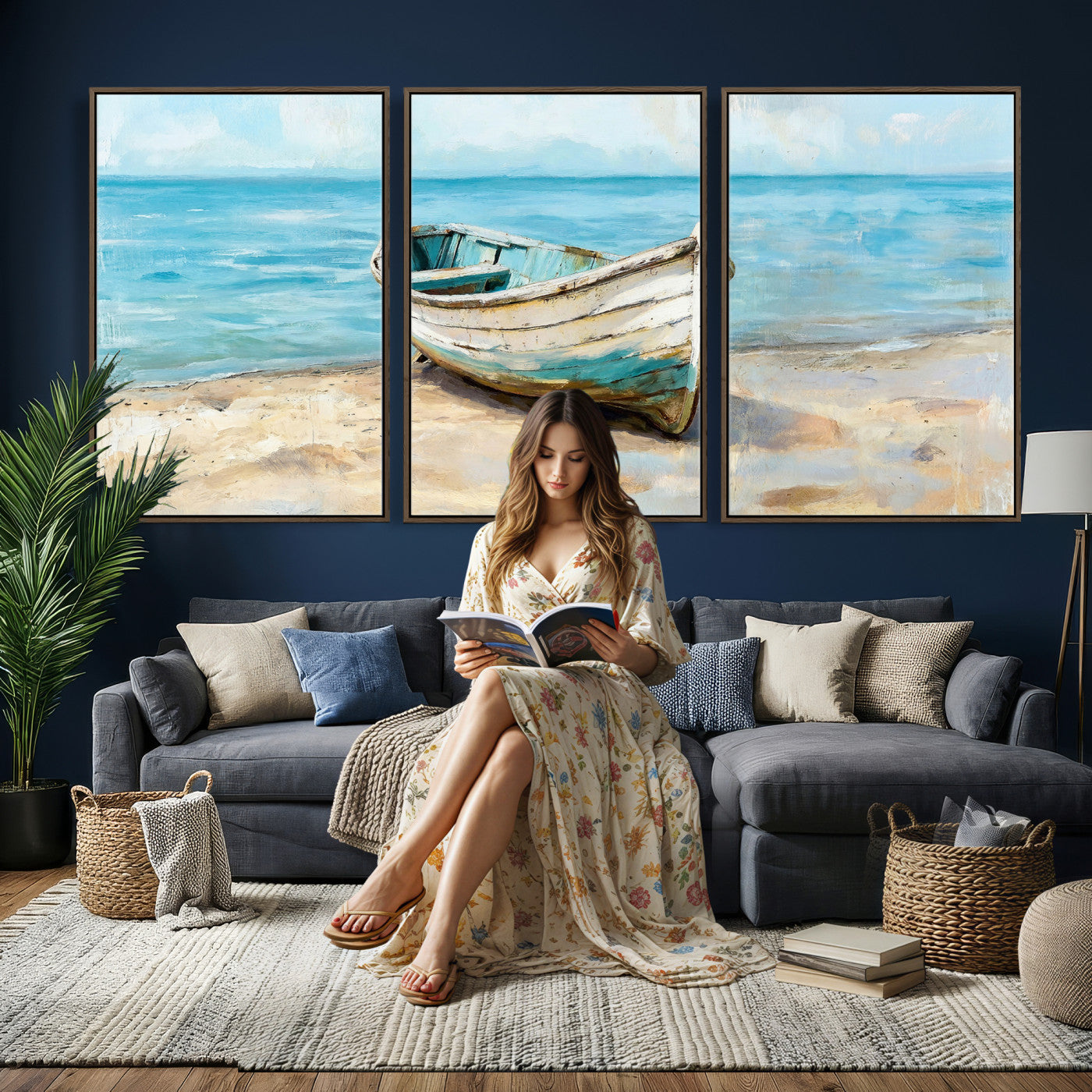14780565-MGV-CV-36X24 - Coastal Boat Canvas Wall Art Print, Beach Boat Painting, Nautical Ocean Decor, Seascape Wall Art, Ready to Hang