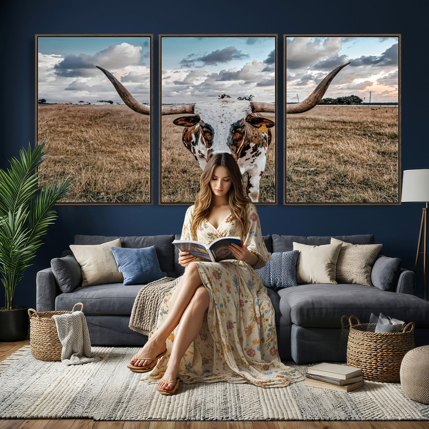 17464823-MGV-CV-36X24 - Texas Longhorn Canvas Wall Art Print, Western Cow Photography, Rustic Ranch Decor, Farmhouse Wall Art, Ready to Hang
