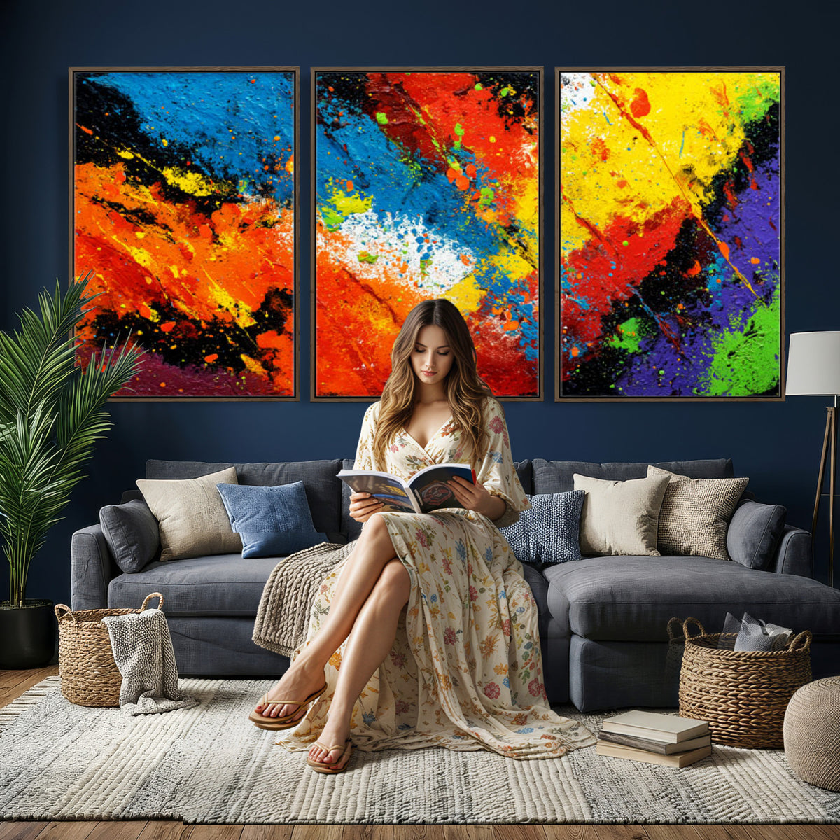 74888753-MGV-CV-36X24 - Vibrant Blue Abstract Canvas Wall Art Colorful Impasto Oil Painting Print