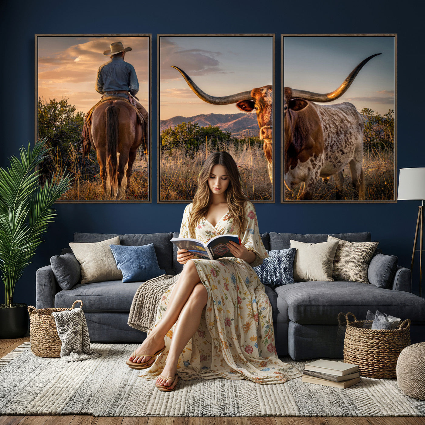 62076449-MGV-CV-60X30-3P - Texas Cow Bull Longhorn Cowboy Western Wall Art Decor for Farmhouse