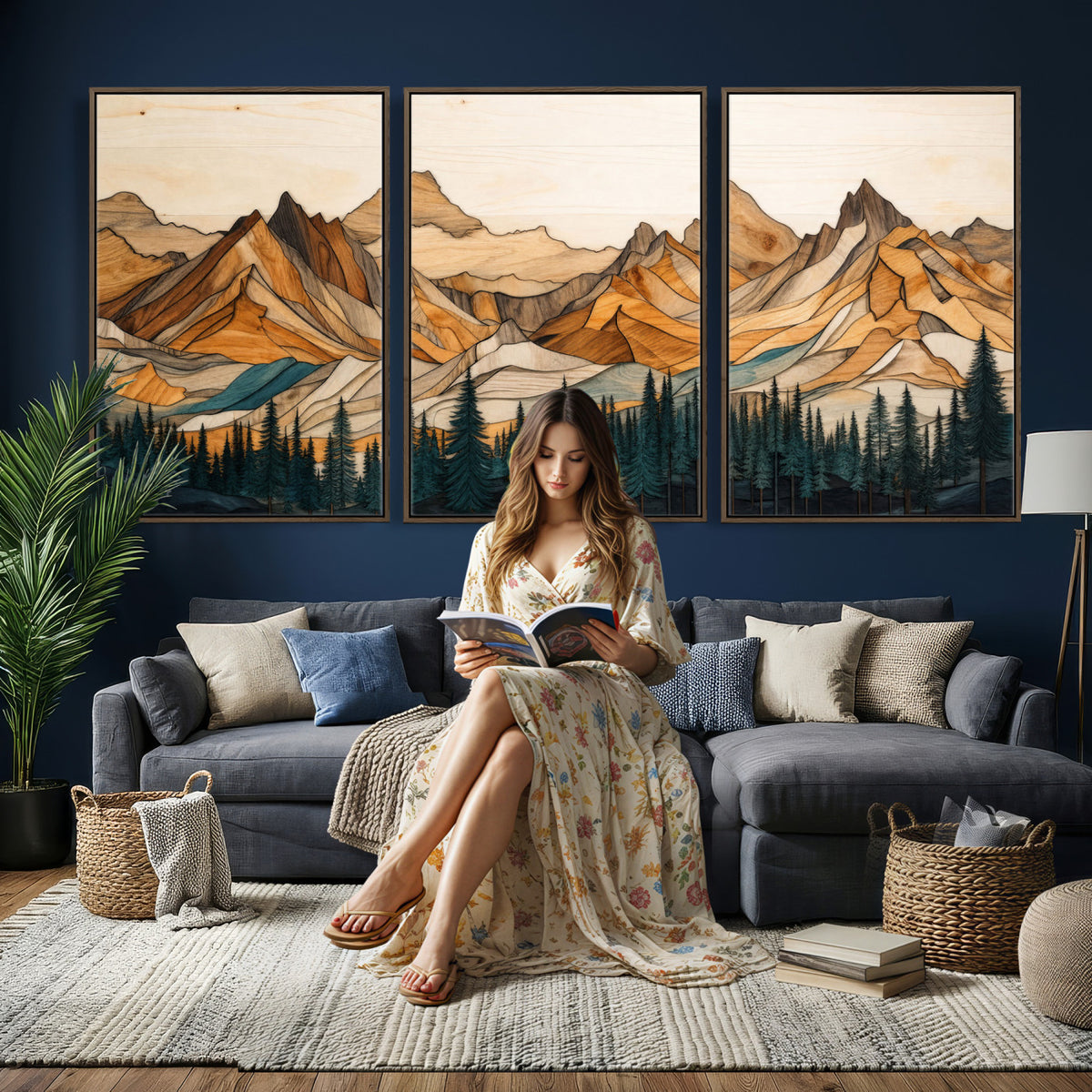 57384313-MGV-CV-60X30-3P - Mountain Landscape Canvas Wall Art with Wood Grain Effect, Golden Peaks and Teal Pine Forest, Framed Cabin Decor
