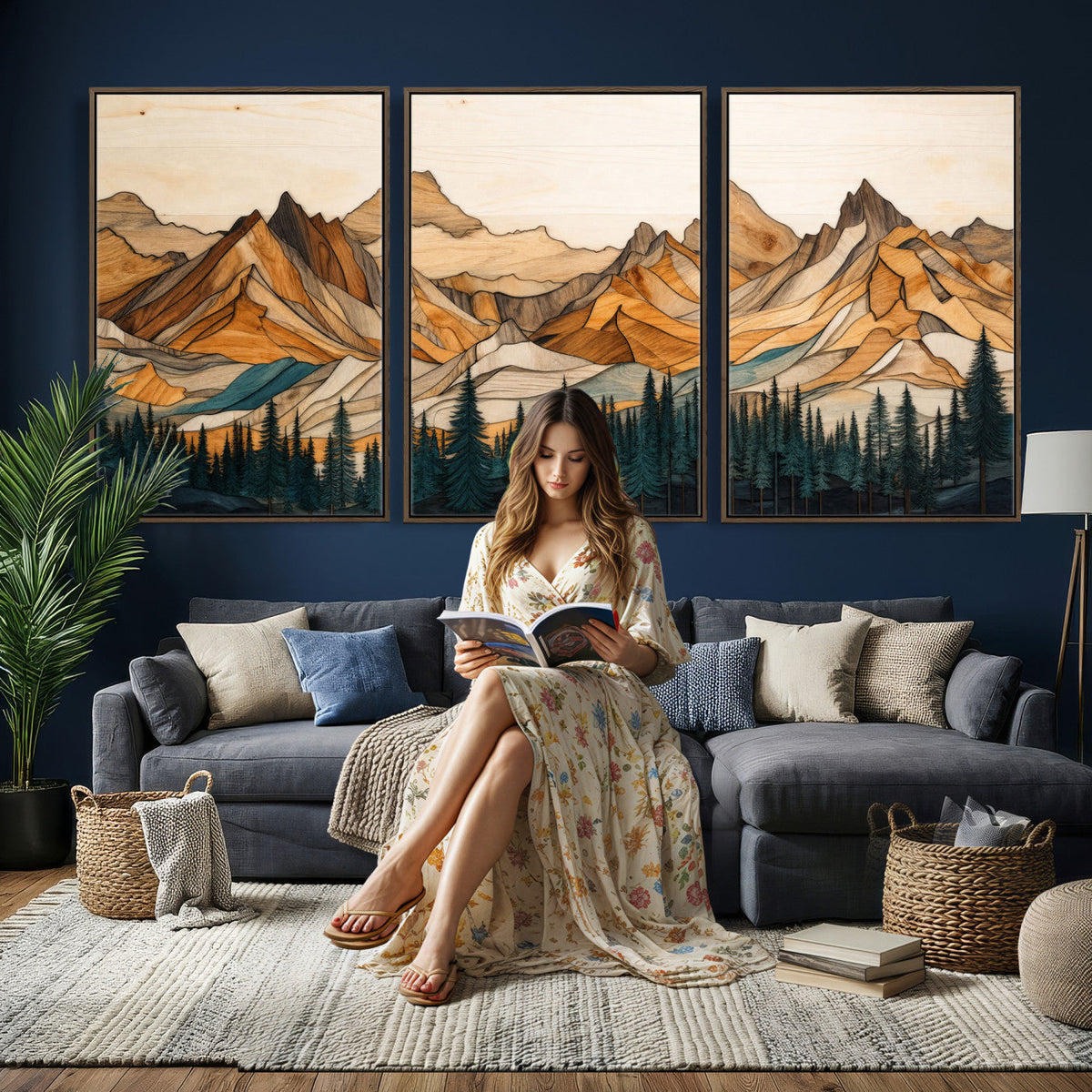 57384313-MGV-CV-48X32-3P - Mountain Landscape Canvas Wall Art with Wood Grain Effect, Golden Peaks and Teal Pine Forest, Framed Cabin Decor