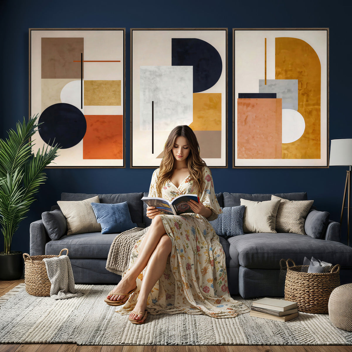87361249-MGV-CV-48X32-3P - Mid Century Modern Geometric Canvas Wall Art, Abstract Triptych Print