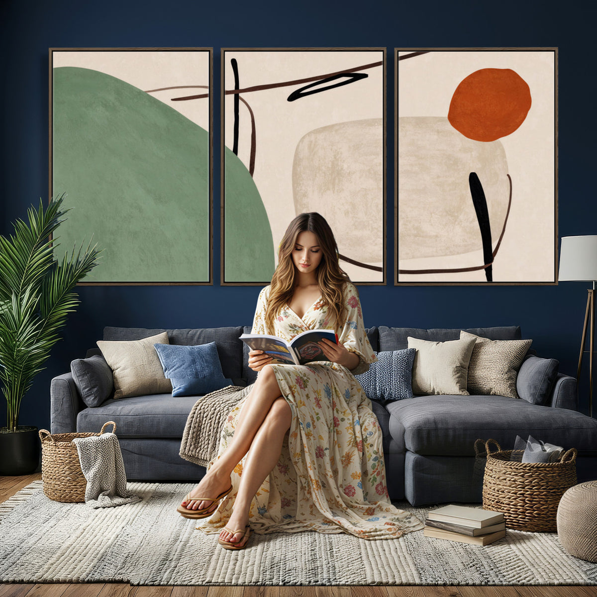 46798824-MGV-CV-48X32-3P - Mid Century Modern Geometric Canvas Wall Art, Abstract Triptych Print