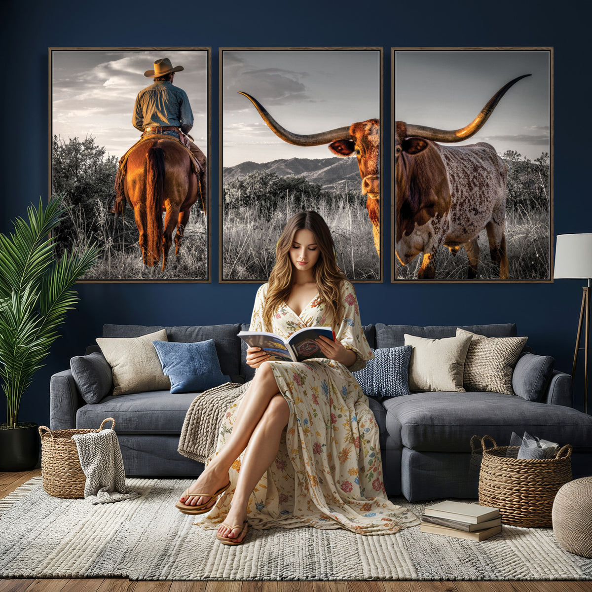 17066920-MGV-CV-60X30-3P - Extra Large Cowboy and Longhorn Wall Art Canvas Print